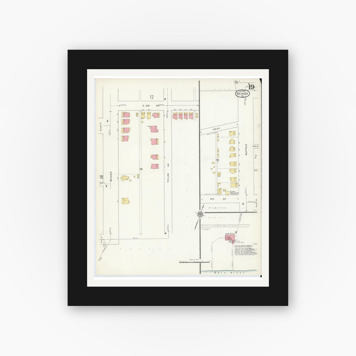 Old map wall art mockup — black gallery frame with white mat — Sanborn Fire Insurance Map from Beaver, Beaver County, Pennsylvania (1912), Sheet #0019