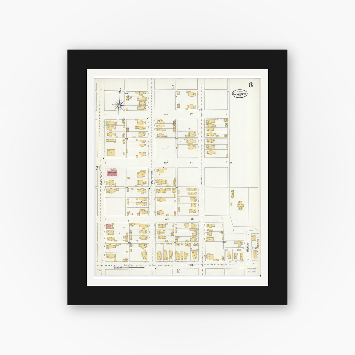 Old map wall art mockup — black gallery frame with white mat — Sanborn Fire Insurance Map from Columbus, Bartholomew County, Indiana (1906), Sheet #0008