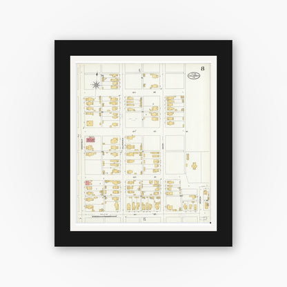 Old map wall art mockup — black gallery frame with white mat — Sanborn Fire Insurance Map from Columbus, Bartholomew County, Indiana (1906), Sheet #0008