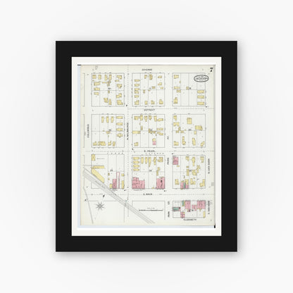 Old map wall art mockup — black gallery frame with white mat — Sanborn Fire Insurance Map from Jackson, Jackson County, Michigan (1893), Sheet #0007