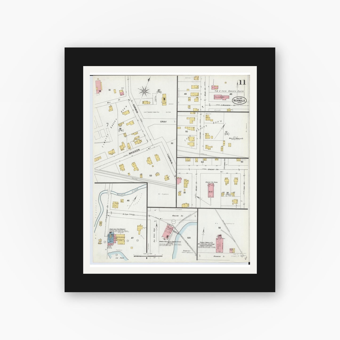 Old map wall art mockup — black gallery frame with white mat — Sanborn Fire Insurance Map from Norwalk, Huron County, Ohio (1899), Sheet #0011