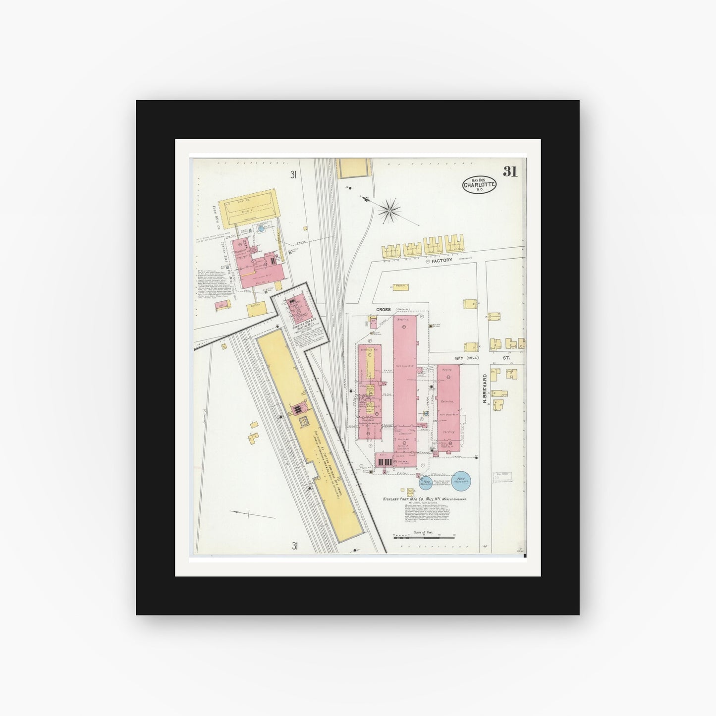 Old map wall art mockup — black gallery frame with white mat — Sanborn Fire Insurance Map from Charlotte, Mecklenburg County, North Carolina (1905), Sheet #0031