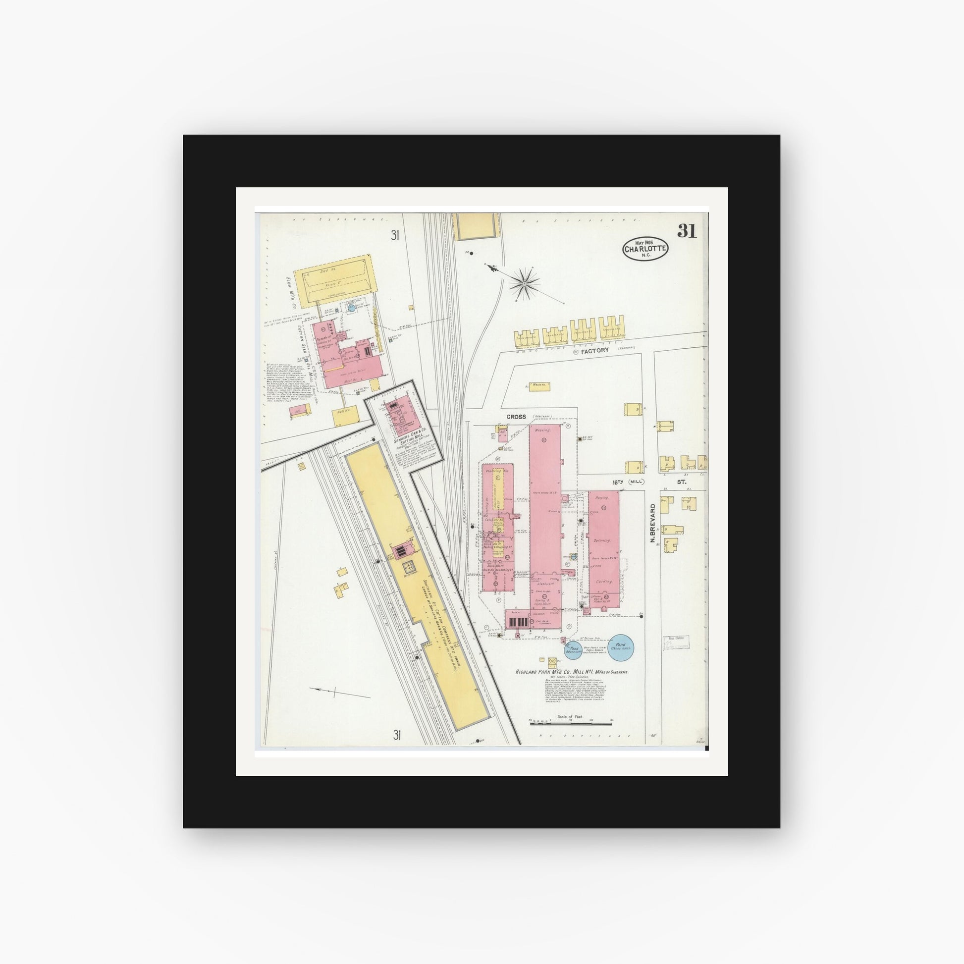 Old map wall art mockup — black gallery frame with white mat — Sanborn Fire Insurance Map from Charlotte, Mecklenburg County, North Carolina (1905), Sheet #0031