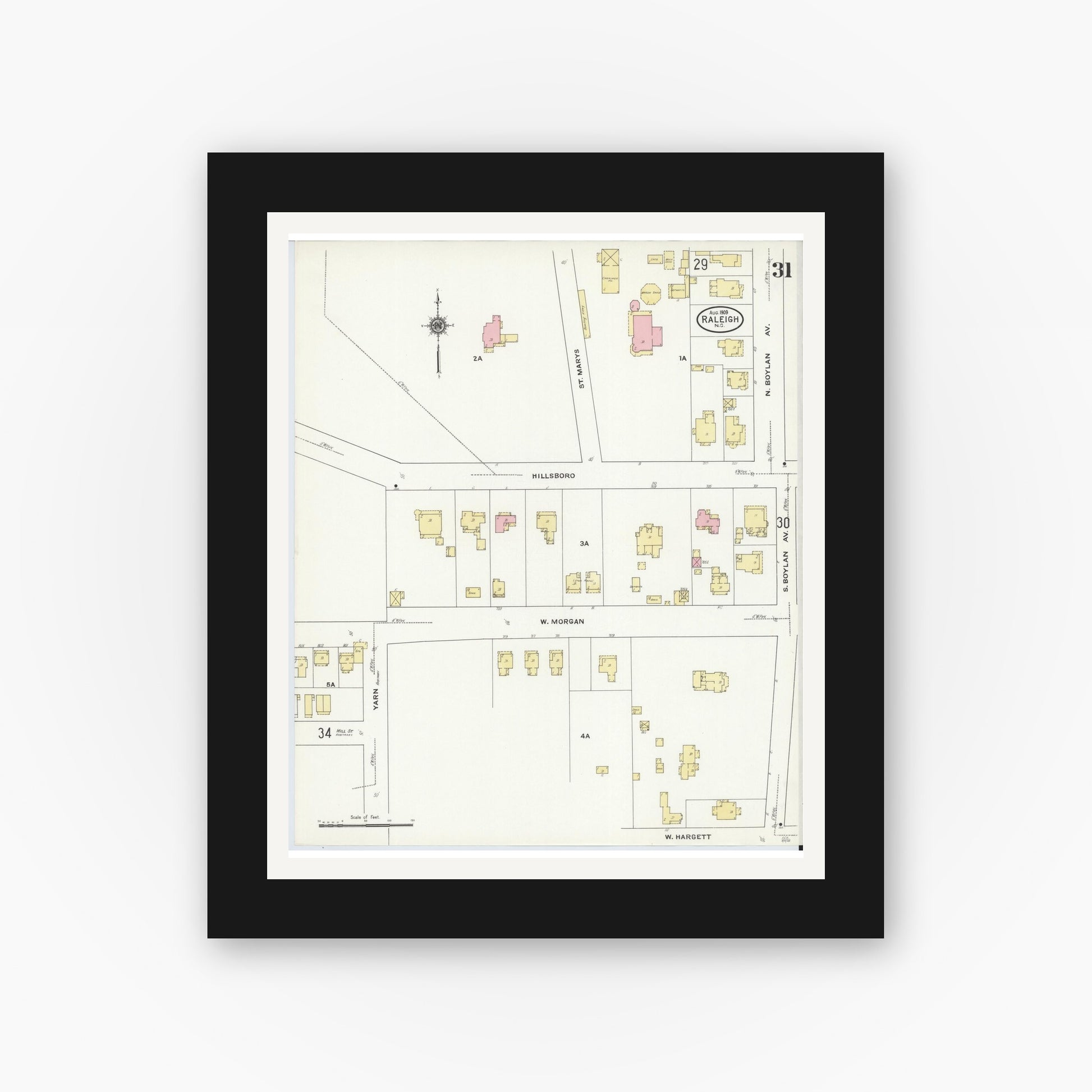 Old map wall art mockup — black gallery frame with white mat — Sanborn Fire Insurance Map from Raleigh, Wake County, North Carolina (1909), Sheet #0031
