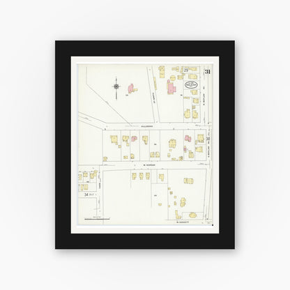 Old map wall art mockup — black gallery frame with white mat — Sanborn Fire Insurance Map from Raleigh, Wake County, North Carolina (1909), Sheet #0031