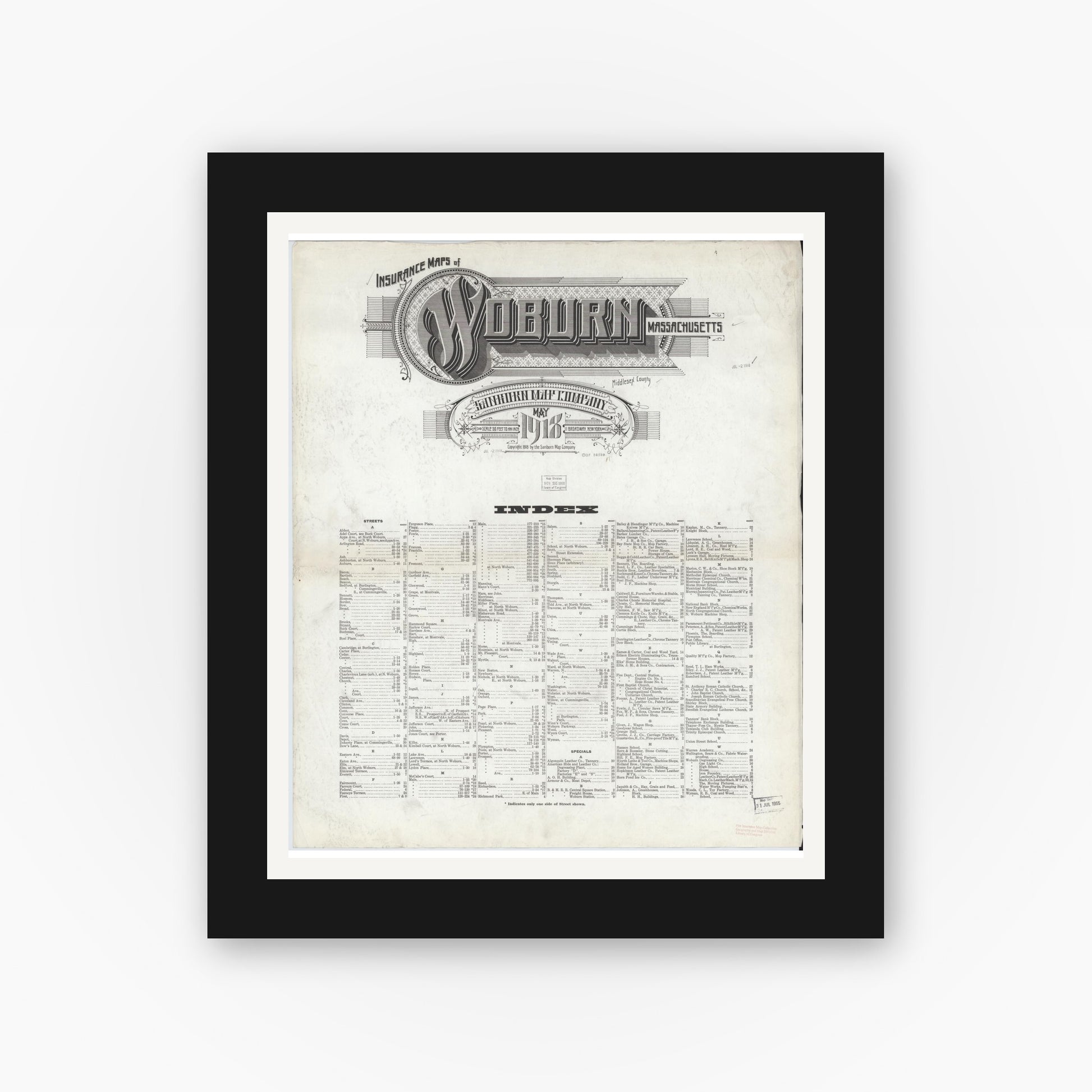 Old map wall art mockup — black gallery frame with white mat — Sanborn Fire Insurance Map from Woburn, Middlesex County, Massachusetts (1918), Sheet #0001