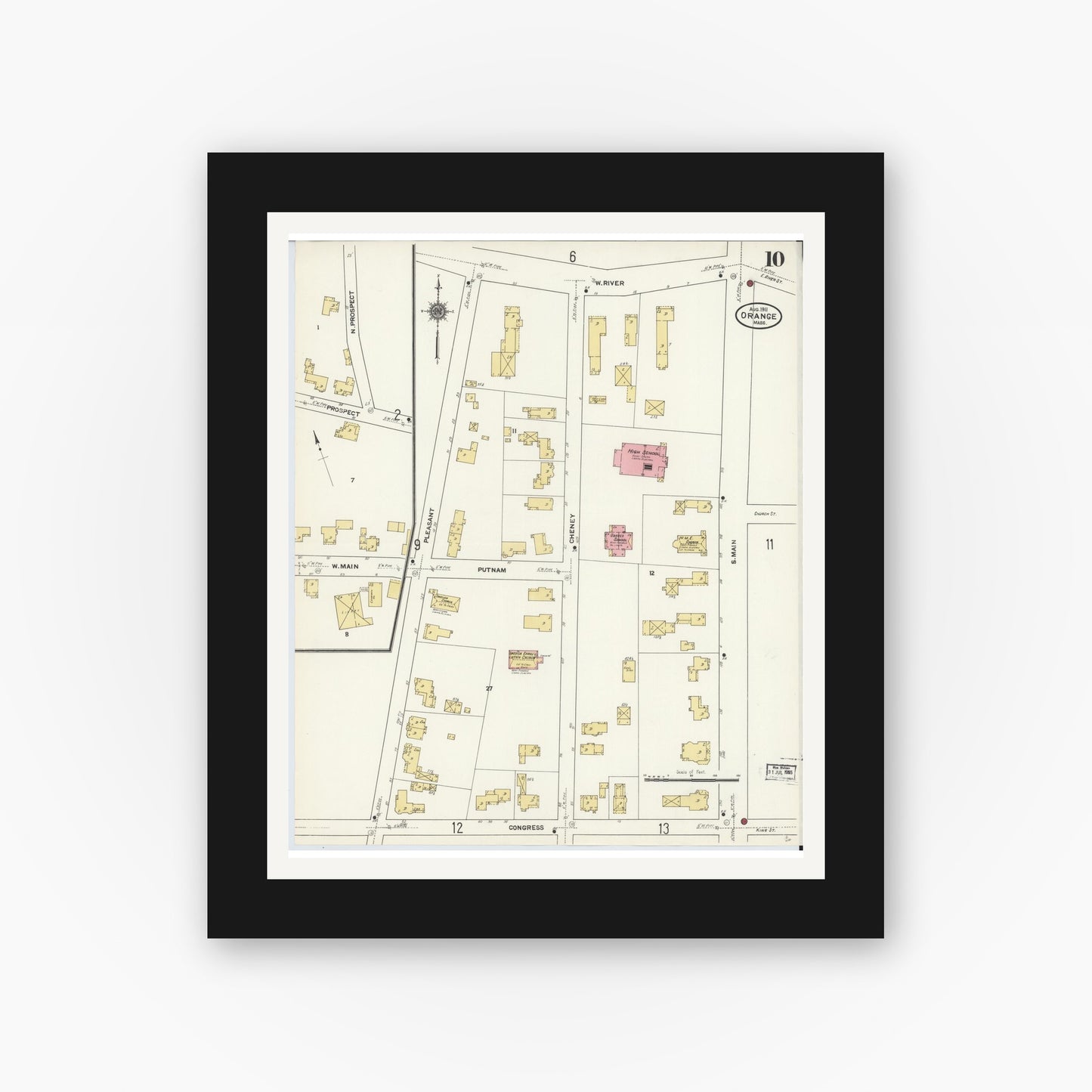Old map wall art mockup — black gallery frame with white mat — Sanborn Fire Insurance Map from Orange, Franklin County, Massachusetts (1911), Sheet #0010