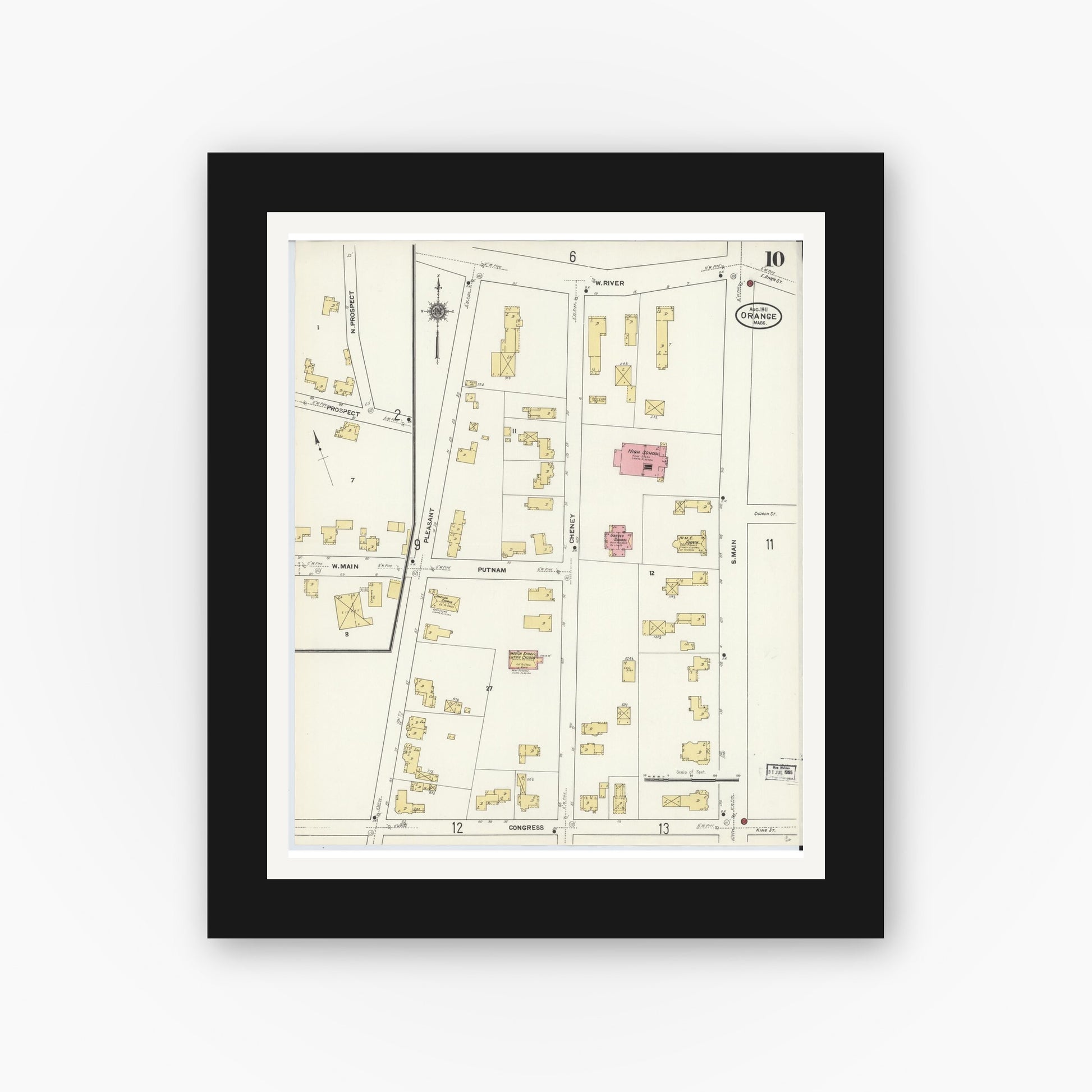 Old map wall art mockup — black gallery frame with white mat — Sanborn Fire Insurance Map from Orange, Franklin County, Massachusetts (1911), Sheet #0010
