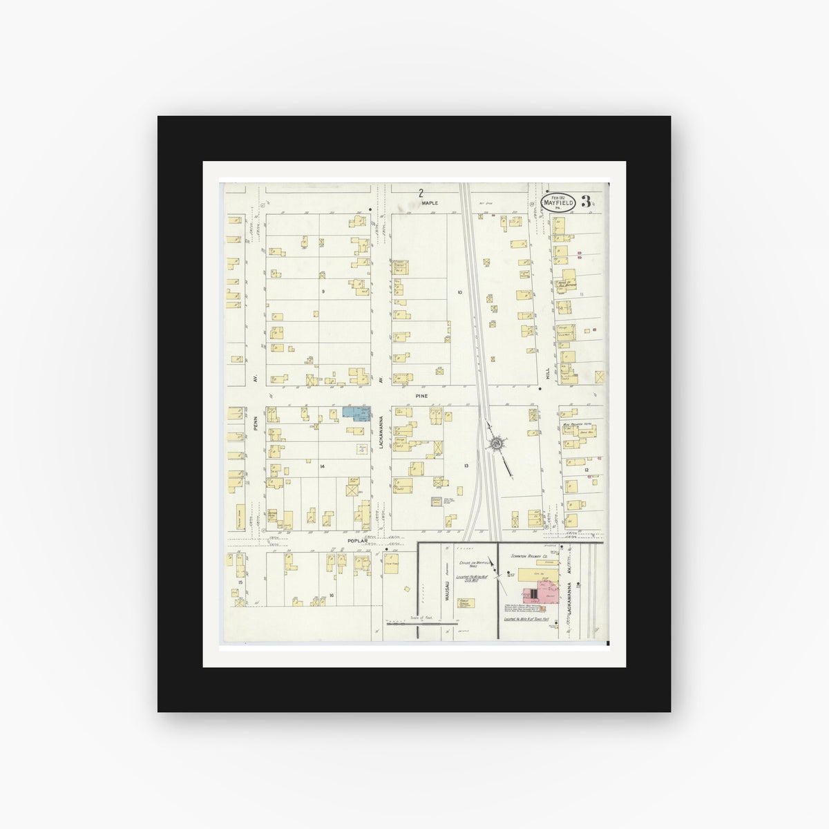 Old map wall art mockup — black gallery frame with white mat — Sanborn Fire Insurance Map from Mayfield, Lackawanna County, Pennsylvania (1912), Sheet #0003