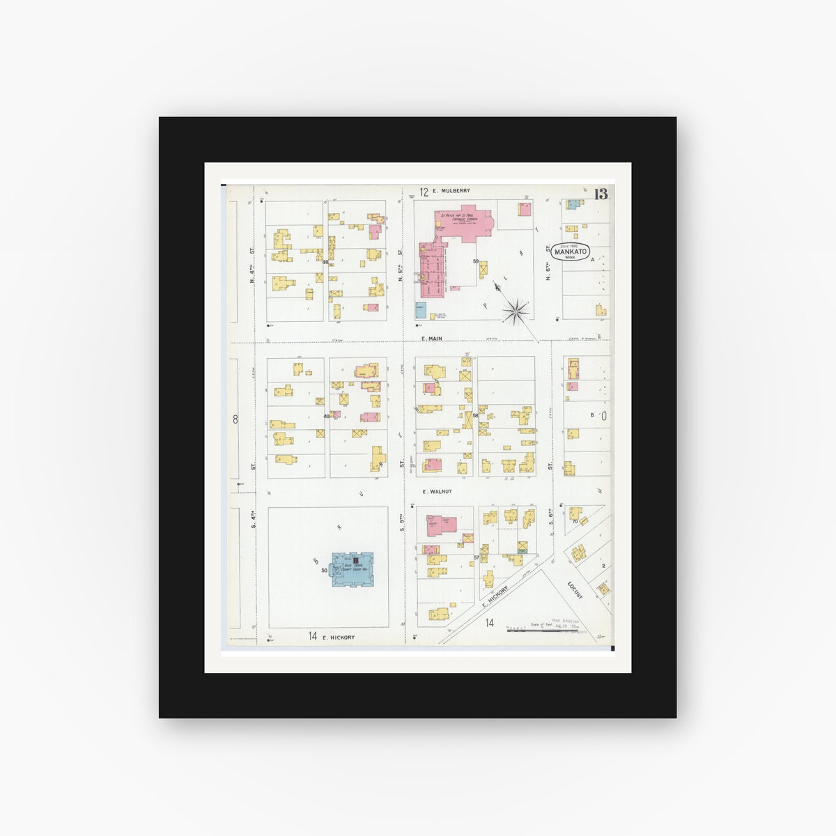 Old map wall art mockup — black gallery frame with white mat — Sanborn Fire Insurance Map from Mankato, Blue Earth County, Minnesota (1900), Sheet #0013