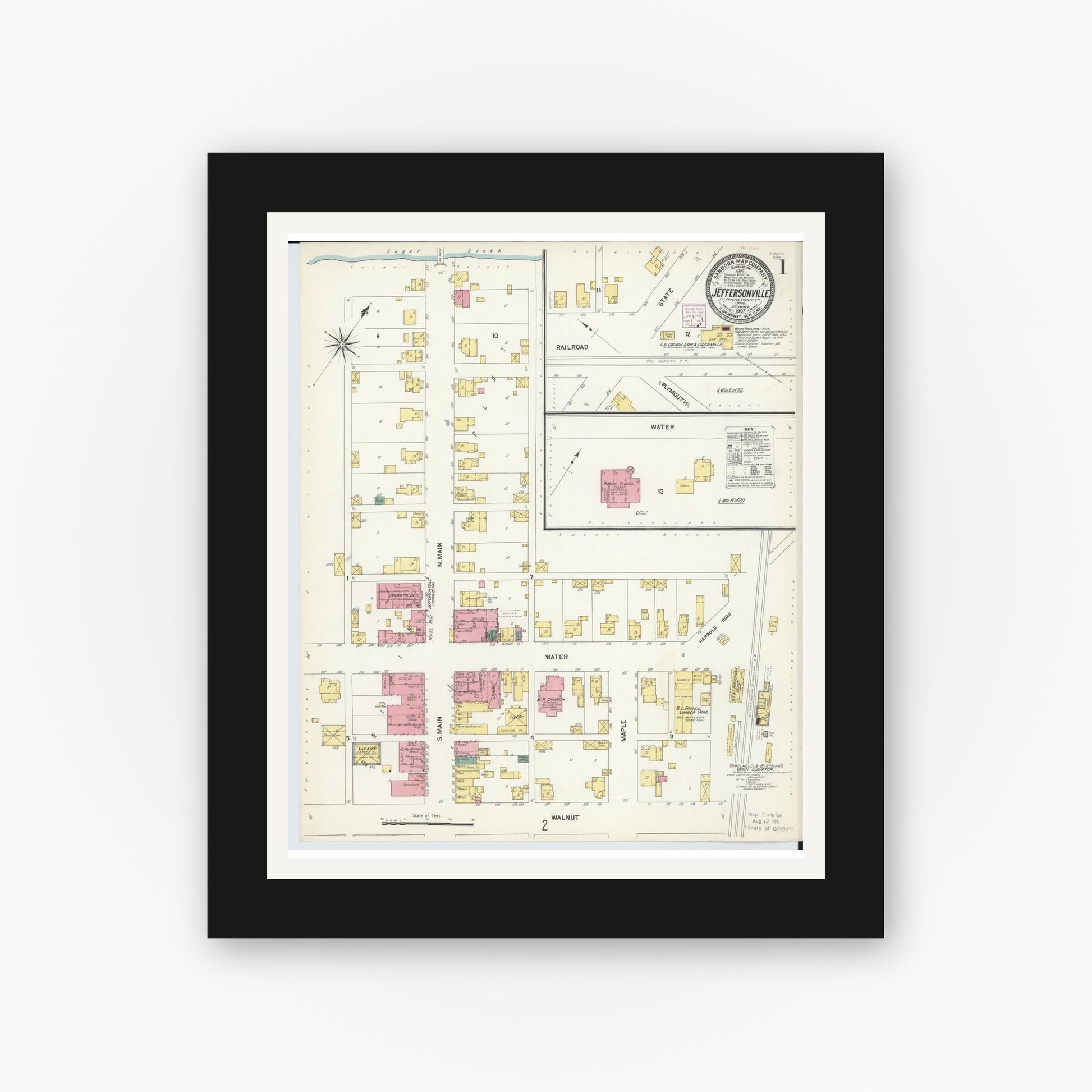 Old map wall art mockup — black gallery frame with white mat — Sanborn Fire Insurance Map from Jeffersonville, Fayette County, Ohio (1907) - Complete Map Set