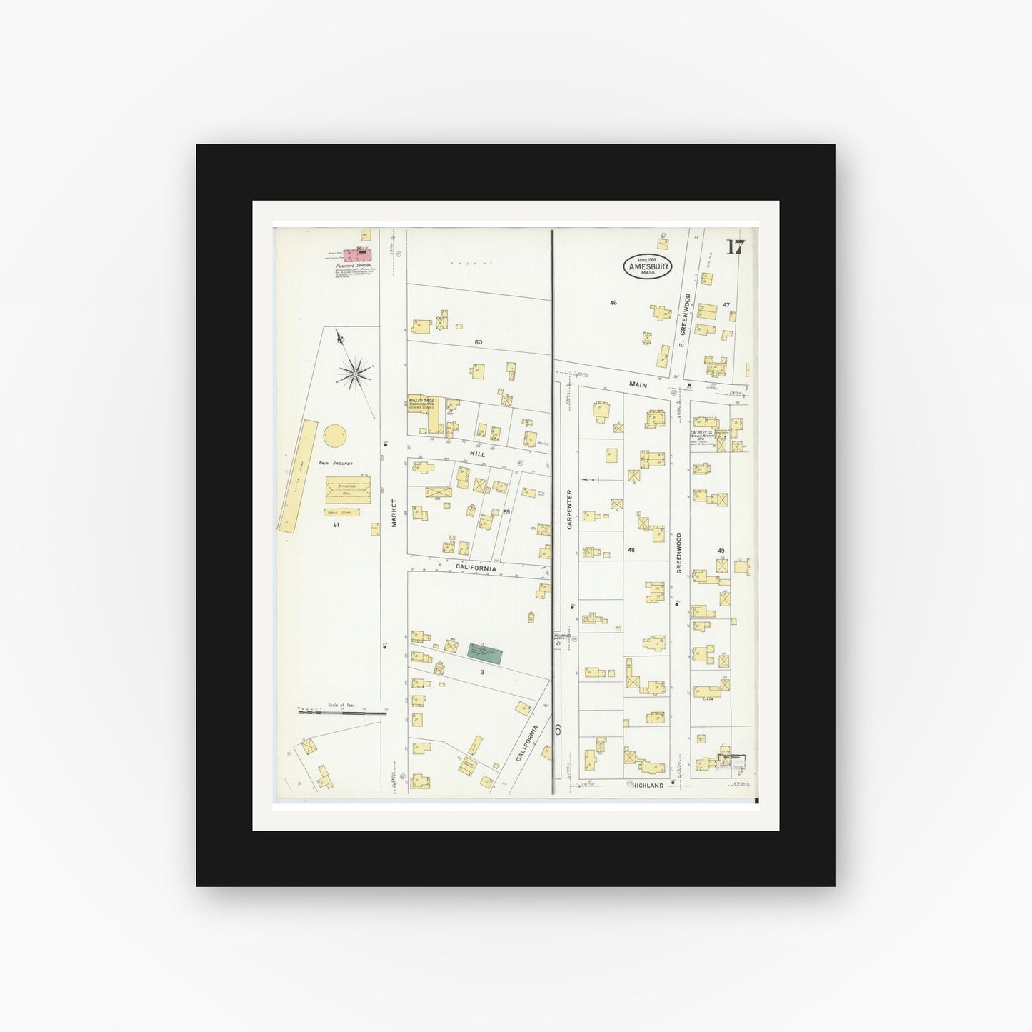 Old map wall art mockup — black gallery frame with white mat — Sanborn Fire Insurance Map from Amesbury, Essex County, Massachusetts (1909), Sheet #0017