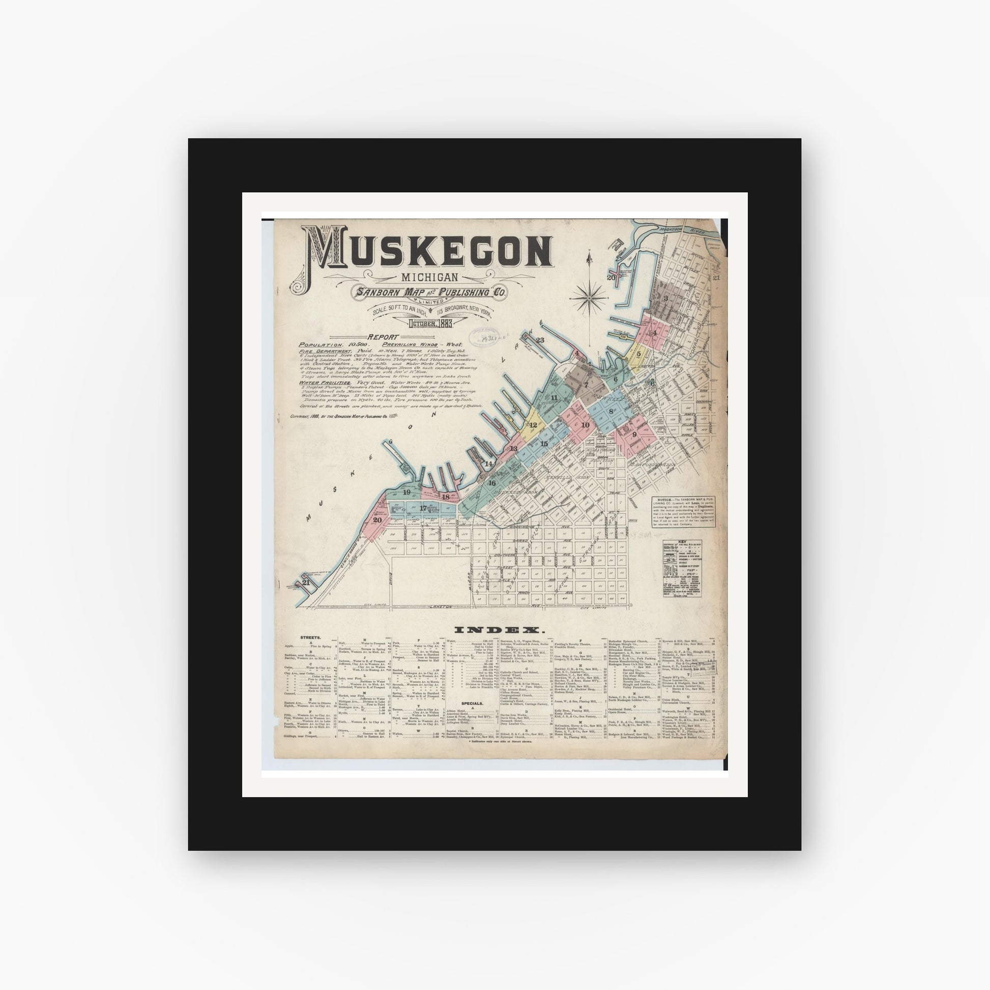 Old map wall art mockup — black gallery frame with white mat — Sanborn Fire Insurance Map from Muskegon, Muskegon County, Michigan (1883) - Complete Map Set