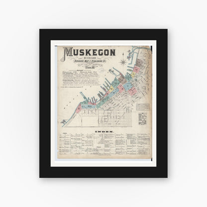 Old map wall art mockup — black gallery frame with white mat — Sanborn Fire Insurance Map from Muskegon, Muskegon County, Michigan (1883) - Complete Map Set