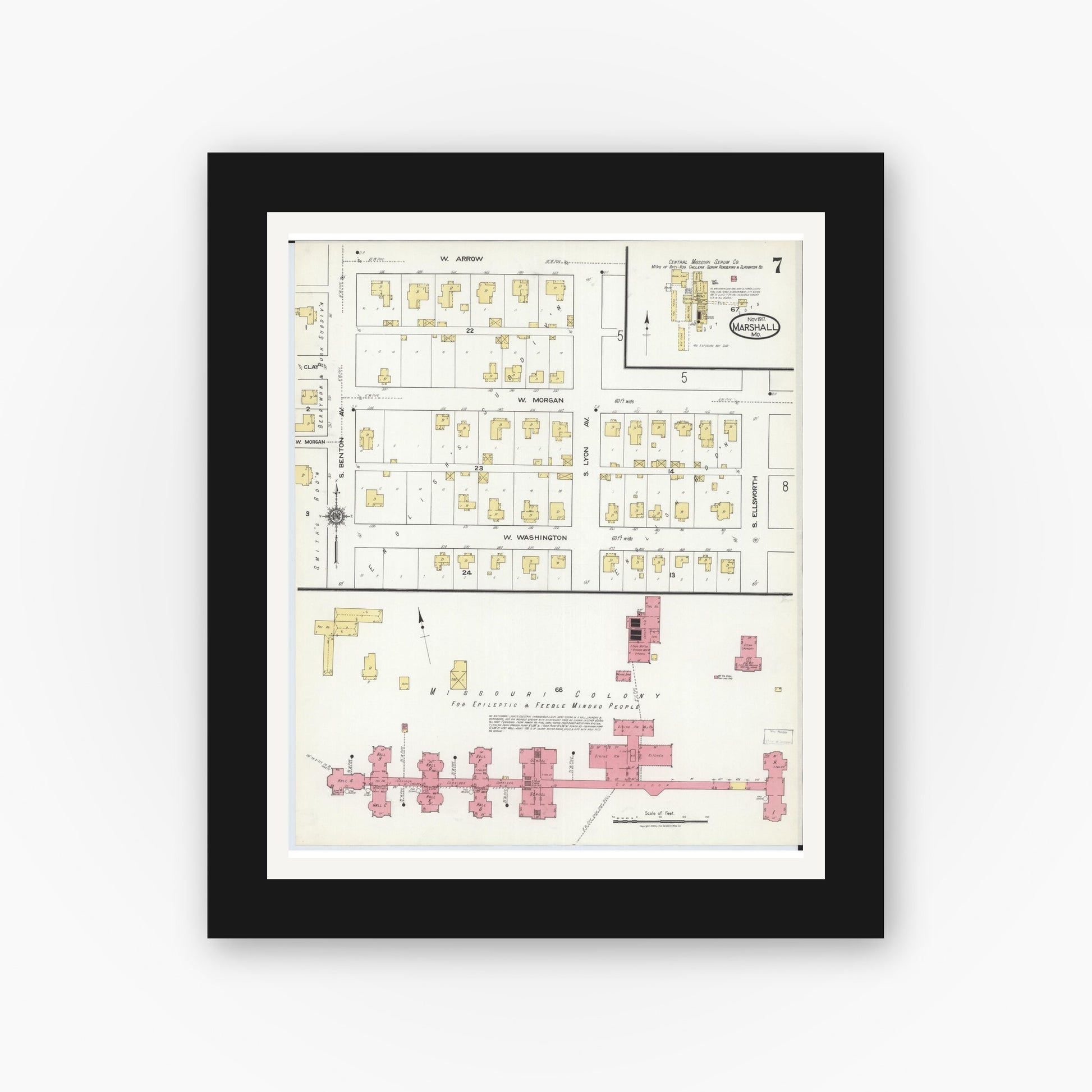 Old map wall art mockup — black gallery frame with white mat — Sanborn Fire Insurance Map from Marshall, Saline County, Missouri (1917), Sheet #0007