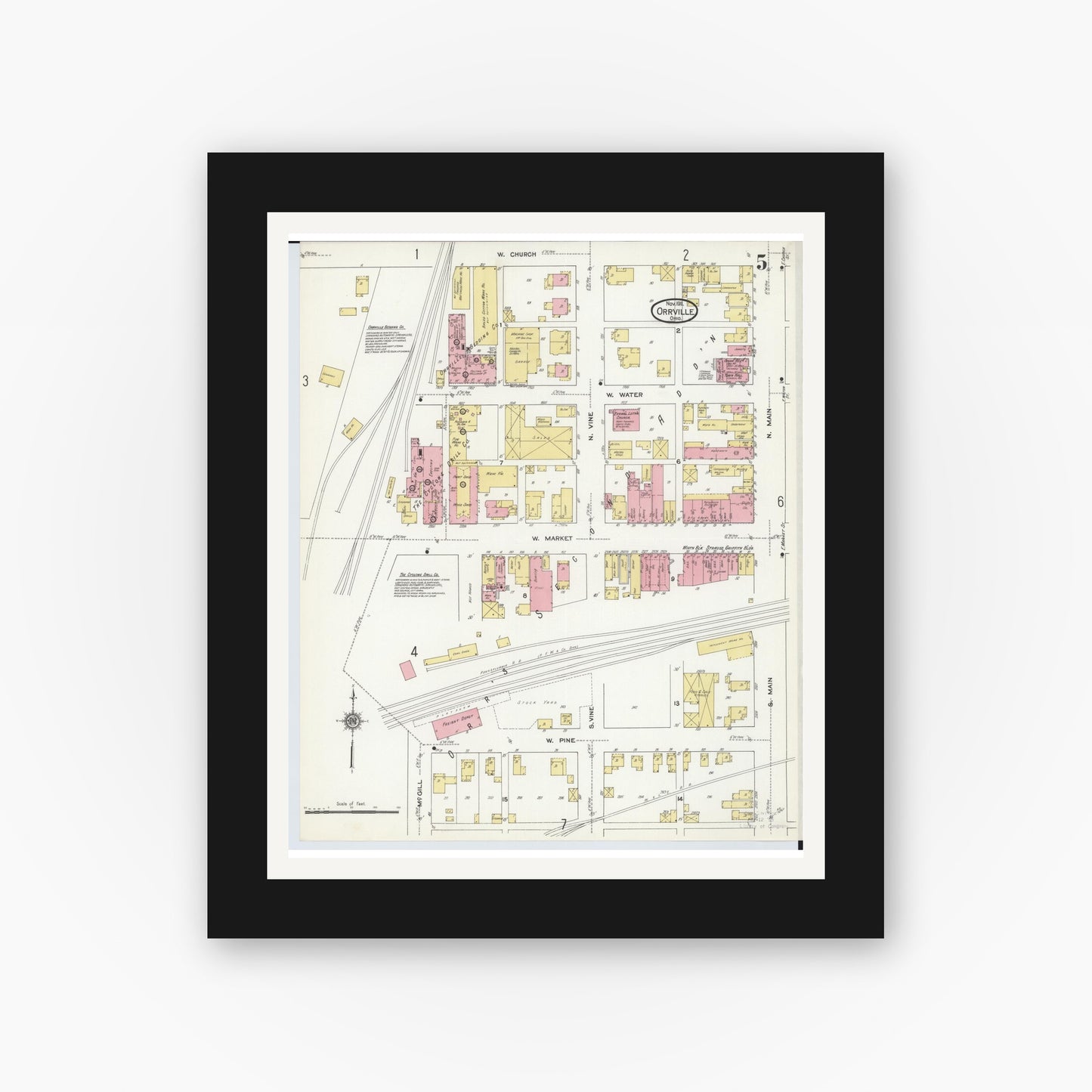 Old map wall art mockup — black gallery frame with white mat — Sanborn Fire Insurance Map from Orrville, Wayne County, Ohio (1911), Sheet #0005