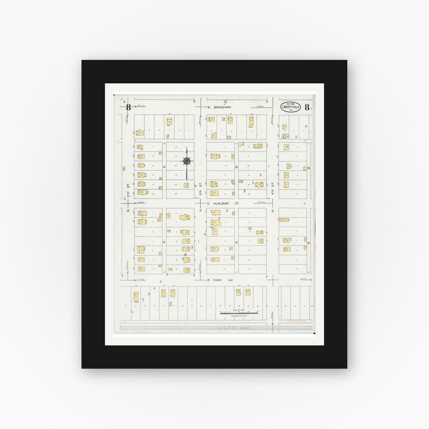 Old map wall art mockup — black gallery frame with white mat — Sanborn Fire Insurance Map from Libertyville, Lake County, Illinois (1924), Sheet #0008