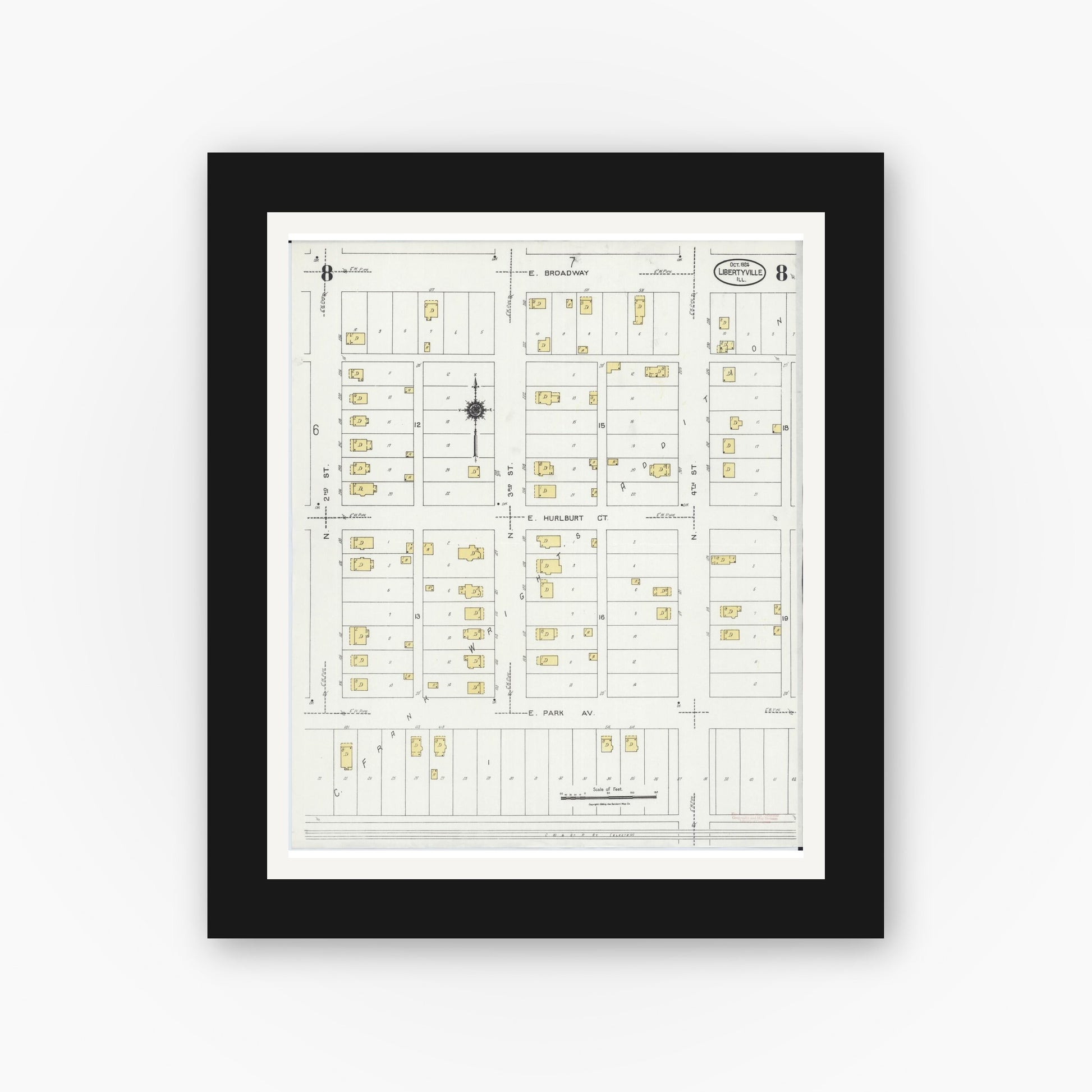 Old map wall art mockup — black gallery frame with white mat — Sanborn Fire Insurance Map from Libertyville, Lake County, Illinois (1924), Sheet #0008