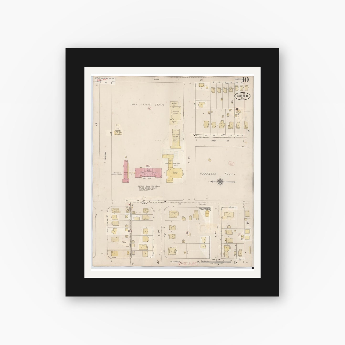 Old map wall art mockup — black gallery frame with white mat — Sanborn Fire Insurance Map from Calexico, Imperial County, California (1949), Sheet #0010