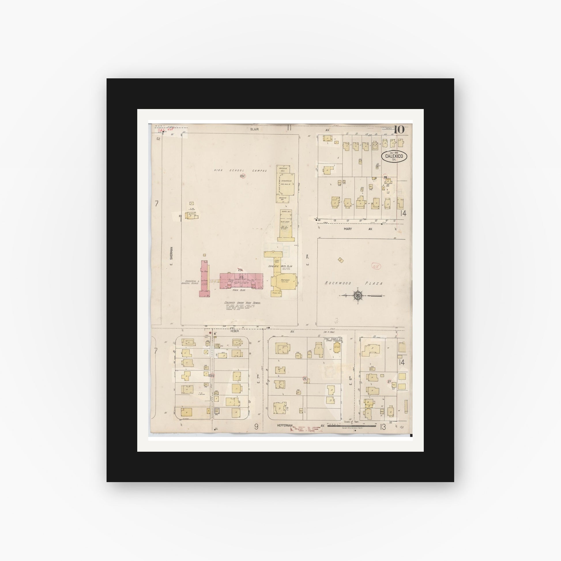 Old map wall art mockup — black gallery frame with white mat — Sanborn Fire Insurance Map from Calexico, Imperial County, California (1949), Sheet #0010