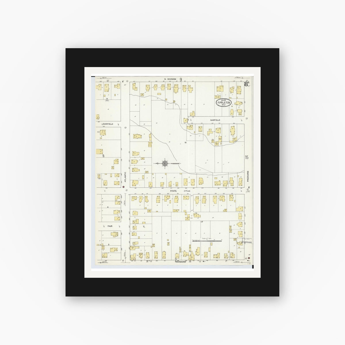 Old map wall art mockup — black gallery frame with white mat — Sanborn Fire Insurance Map from Appleton, Outagamie County, Wisconsin (1911), Sheet #0008