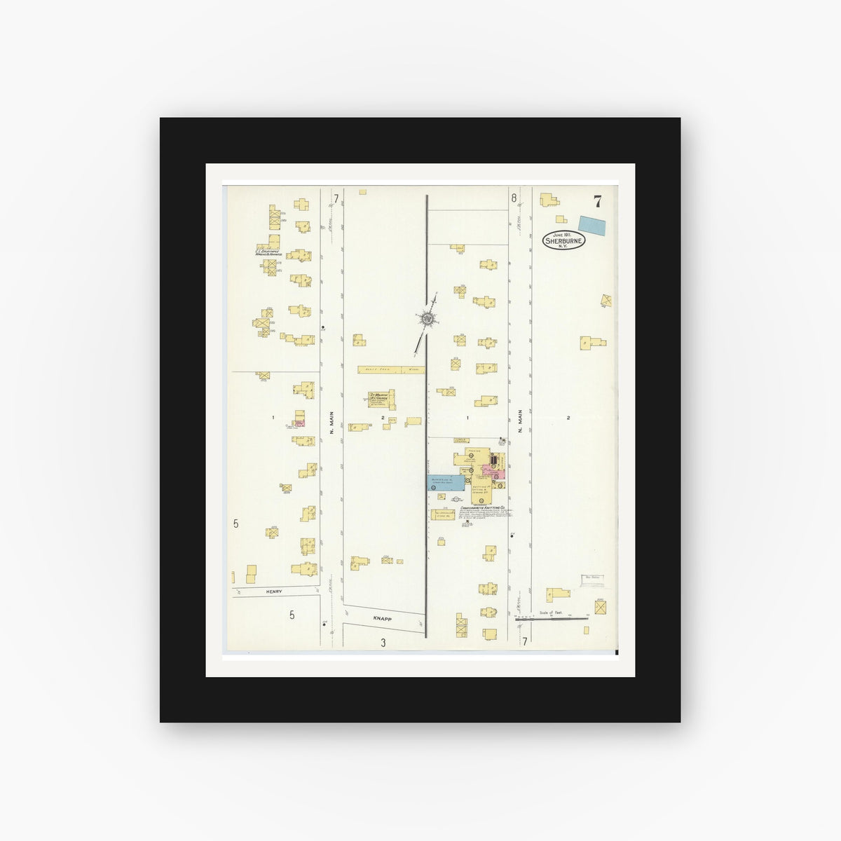 Old map wall art mockup — black gallery frame with white mat — Sanborn Fire Insurance Map from Sherburne, Chenango County, New York (1911), Sheet #0007