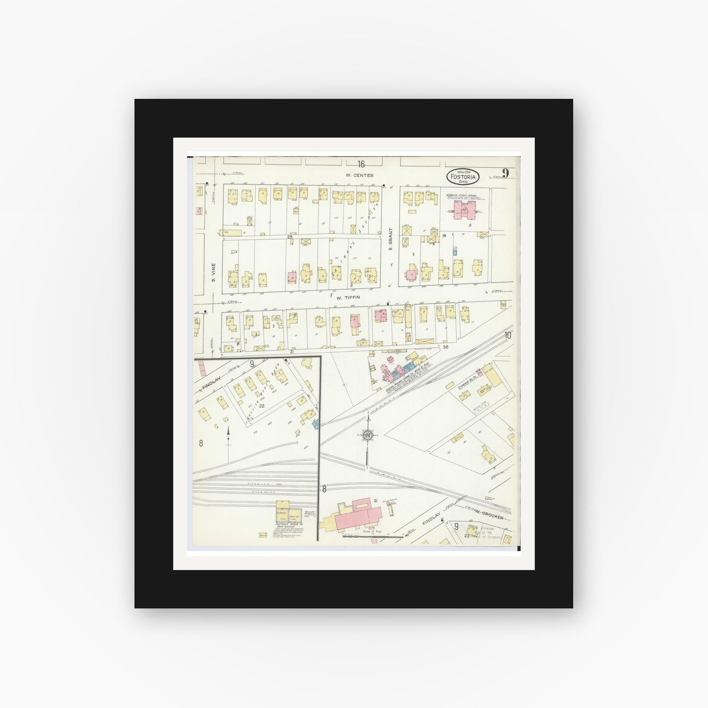 Old map wall art mockup — black gallery frame with white mat — Sanborn Fire Insurance Map from Fostoria, Seneca, Hancock, And Wood Counties, Ohio (1914), Sheet #0009