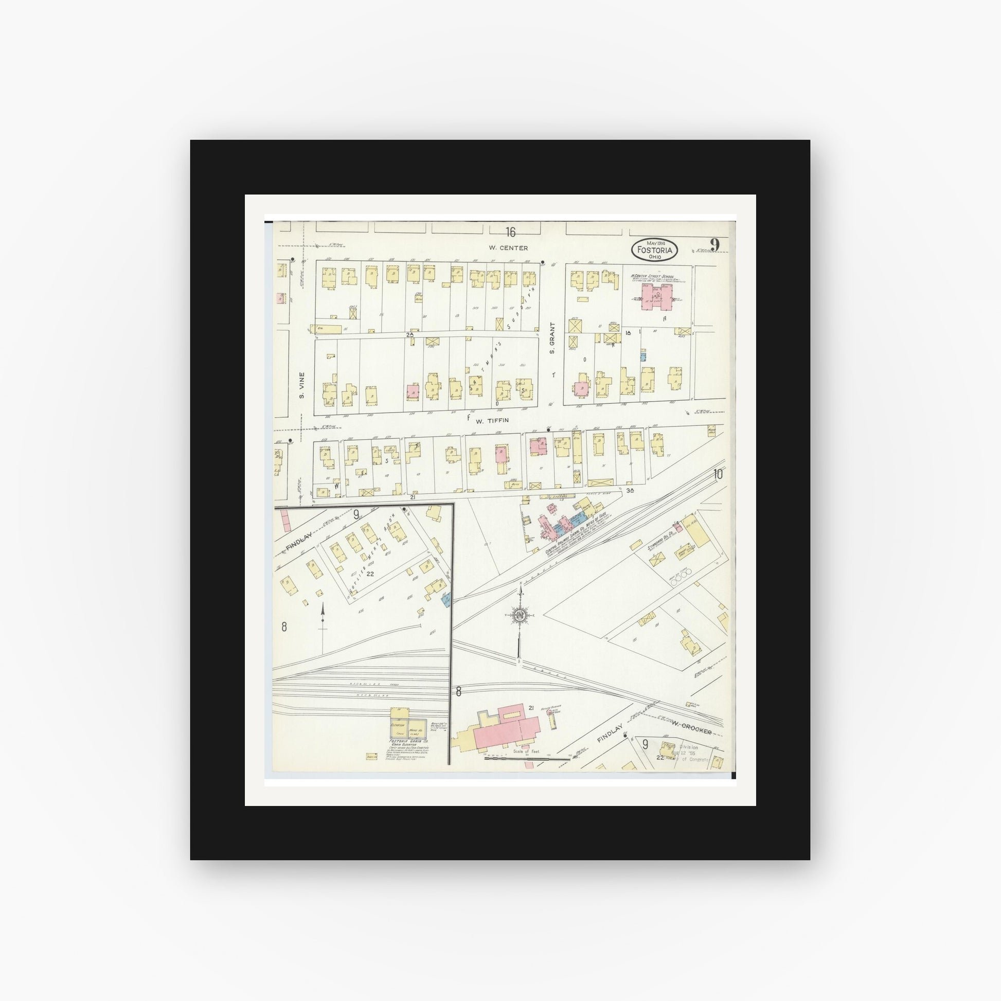 Old map wall art mockup — black gallery frame with white mat — Sanborn Fire Insurance Map from Fostoria, Seneca, Hancock, And Wood Counties, Ohio (1914), Sheet #0009