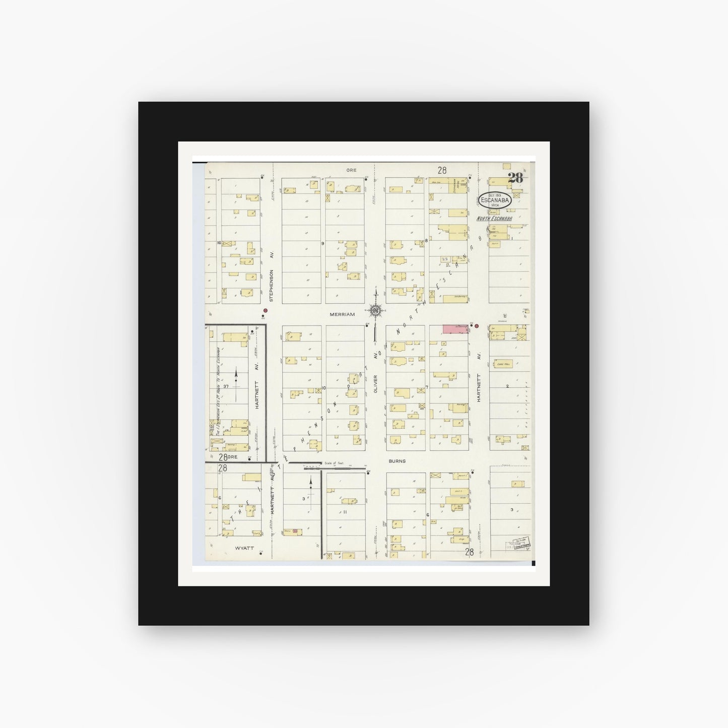 Old map wall art mockup — black gallery frame with white mat — Sanborn Fire Insurance Map from Escanaba, Delta County, Michigan (1913), Sheet #0028