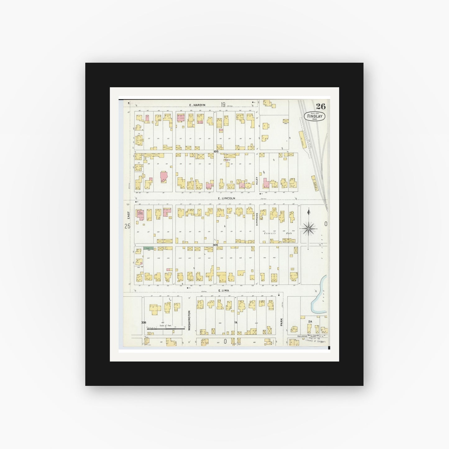 Old map wall art mockup — black gallery frame with white mat — Sanborn Fire Insurance Map from Findlay, Hancock County, Ohio (1901), Sheet #0026