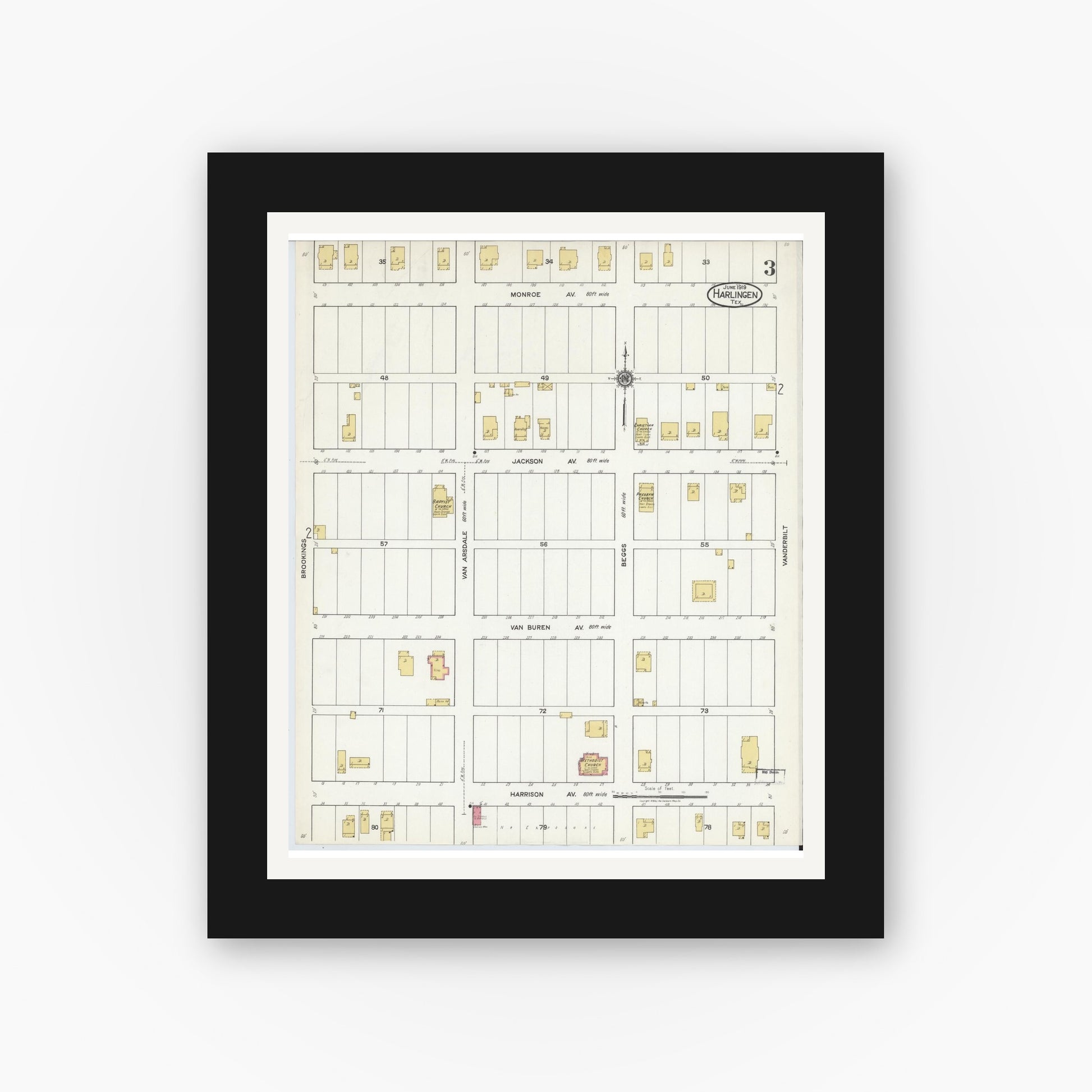 Old map wall art mockup — black gallery frame with white mat — Sanborn Fire Insurance Map from Harlingen, Cameron County, Texas (1919), Sheet #0003