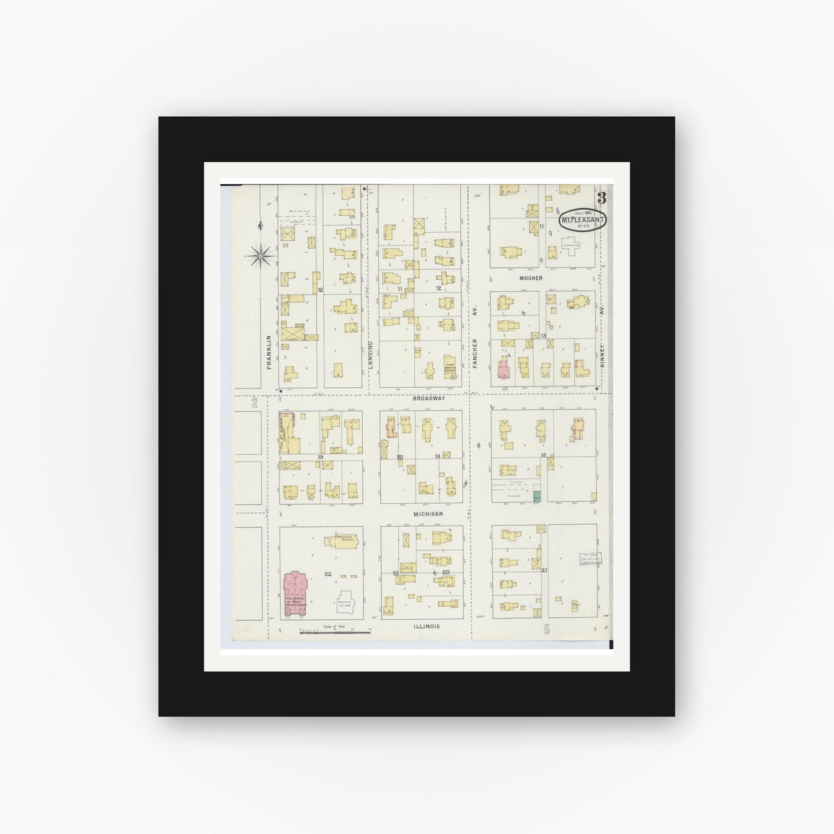 Old map wall art mockup — black gallery frame with white mat — Sanborn Fire Insurance Map from Mount Pleasant, Isabella County, Michigan (1895), Sheet #0003