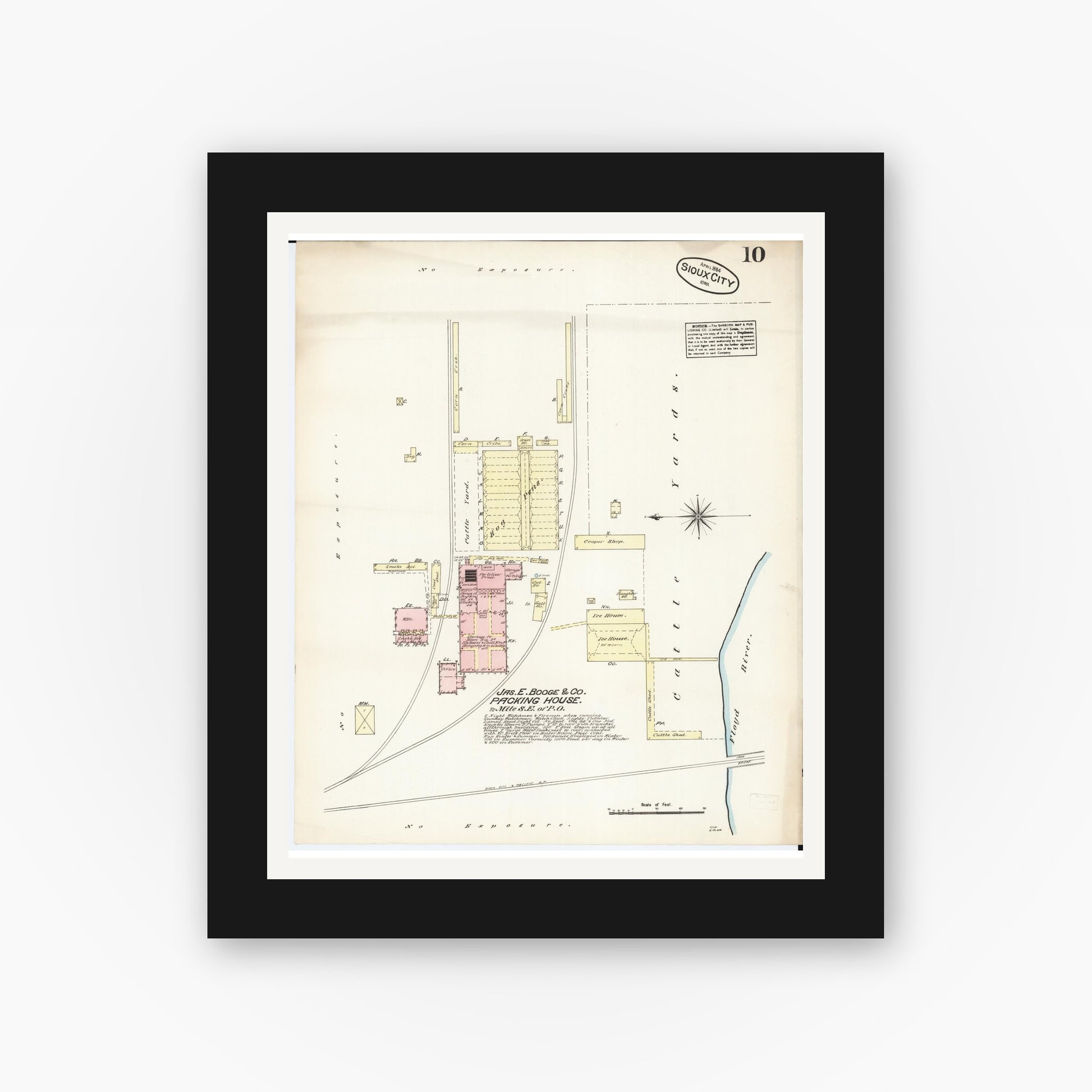 Old map wall art mockup — black gallery frame with white mat — Sanborn Fire Insurance Map from Sioux City, Woodbury County, Iowa (1884), Sheet #0010