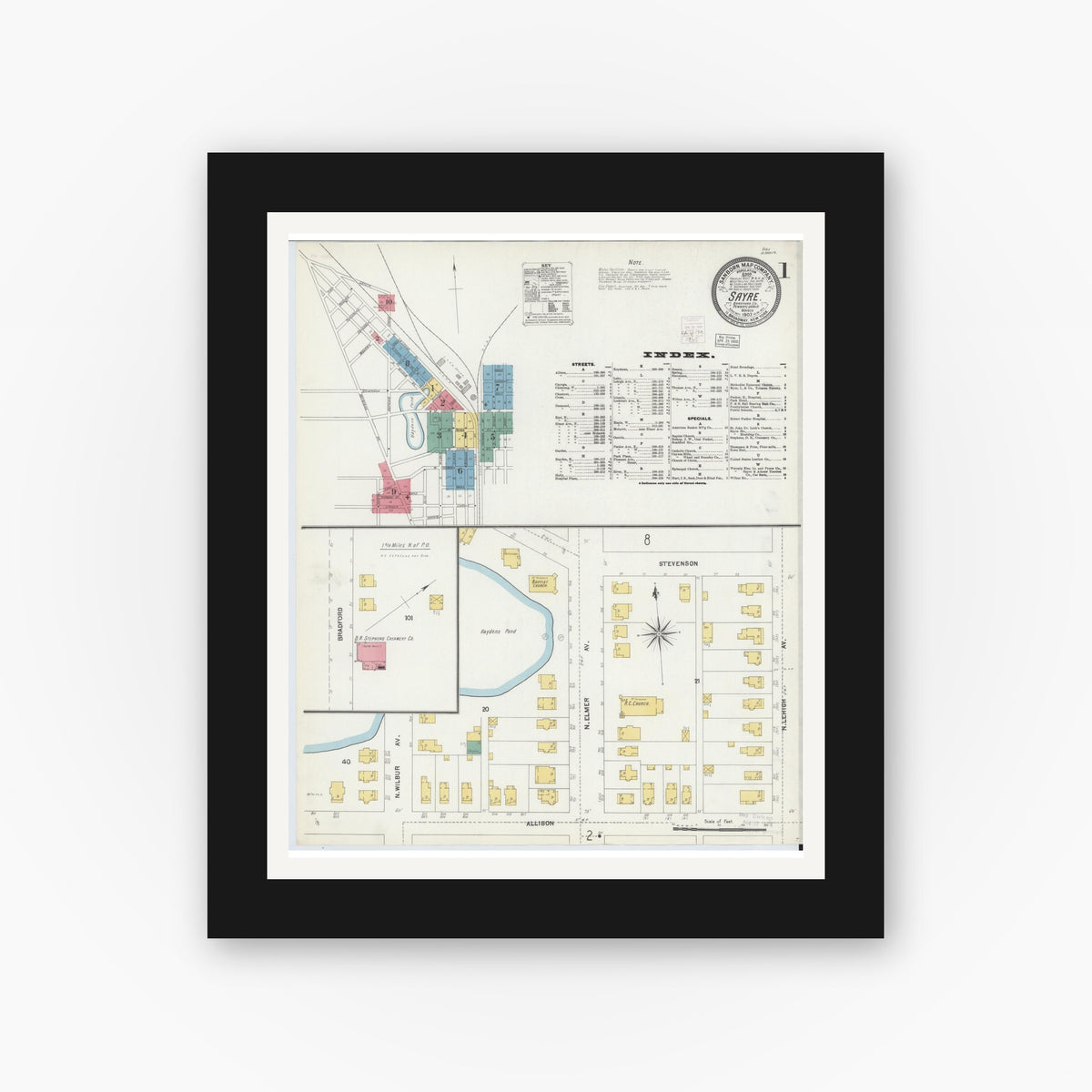 Old map wall art mockup — black gallery frame with white mat — Sanborn Fire Insurance Map from Sayre, Bradford County, Pennsylvania (1903) - Complete Map Set