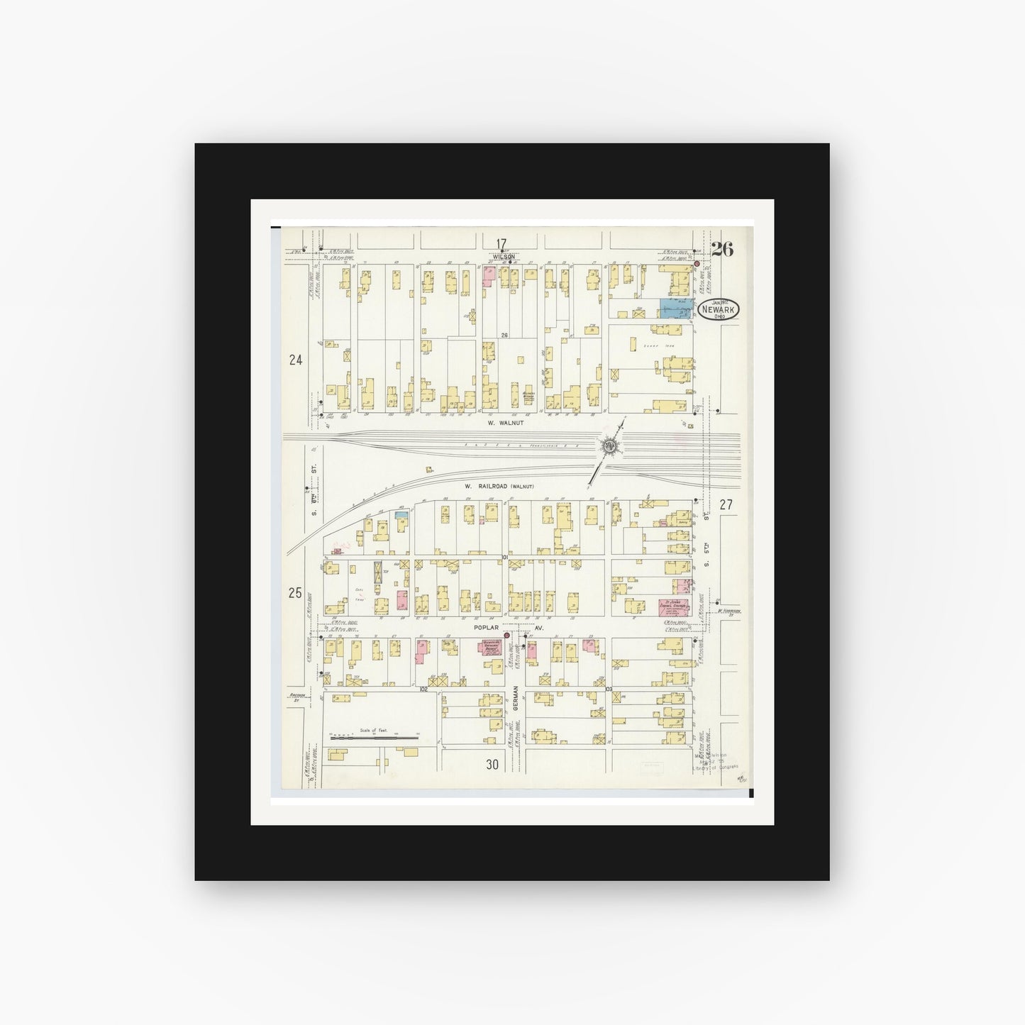 Old map wall art mockup — black gallery frame with white mat — Sanborn Fire Insurance Map from Newark, Licking County, Ohio (1912), Sheet #0026