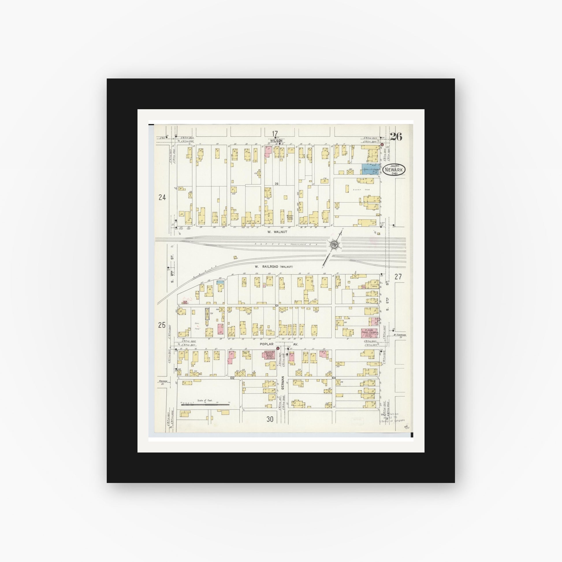 Old map wall art mockup — black gallery frame with white mat — Sanborn Fire Insurance Map from Newark, Licking County, Ohio (1912), Sheet #0026