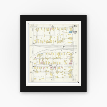 Old map wall art mockup — black gallery frame with white mat — Sanborn Fire Insurance Map from Newark, Licking County, Ohio (1912), Sheet #0026