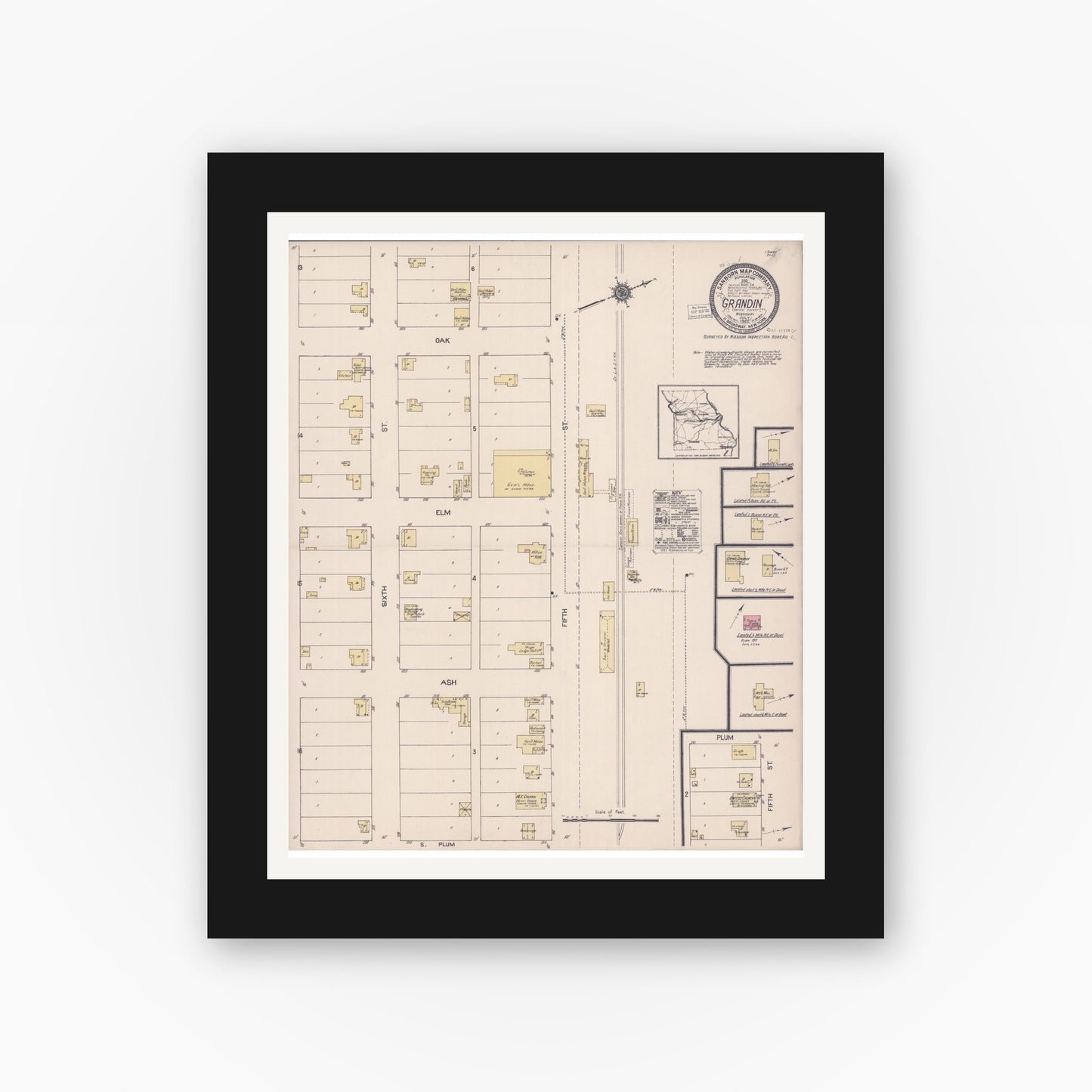 Old map wall art mockup — black gallery frame with white mat — Sanborn Fire Insurance Map from Grandin, Carter County, Missouri (1922), Sheet #0001