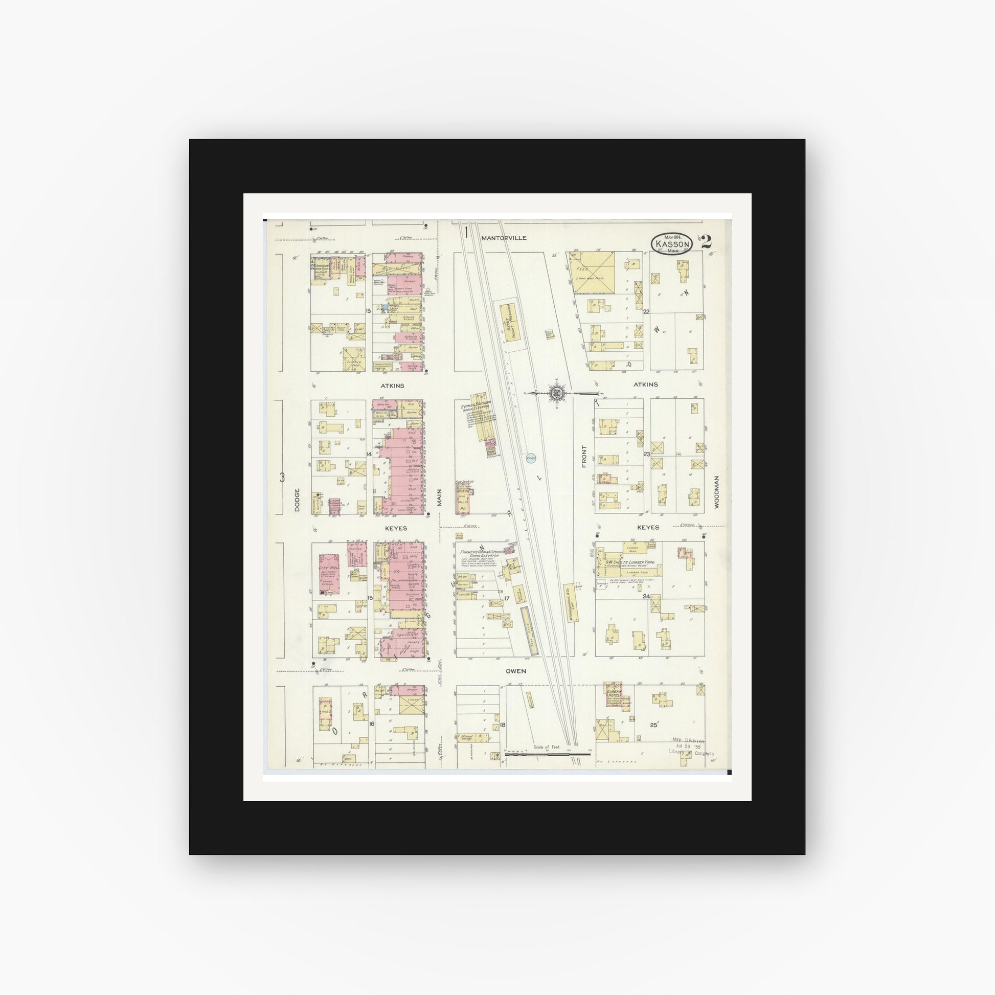 Old map wall art mockup — black gallery frame with white mat — Sanborn Fire Insurance Map from Kasson, Dodge County, Minnesota (1914), Sheet #0002
