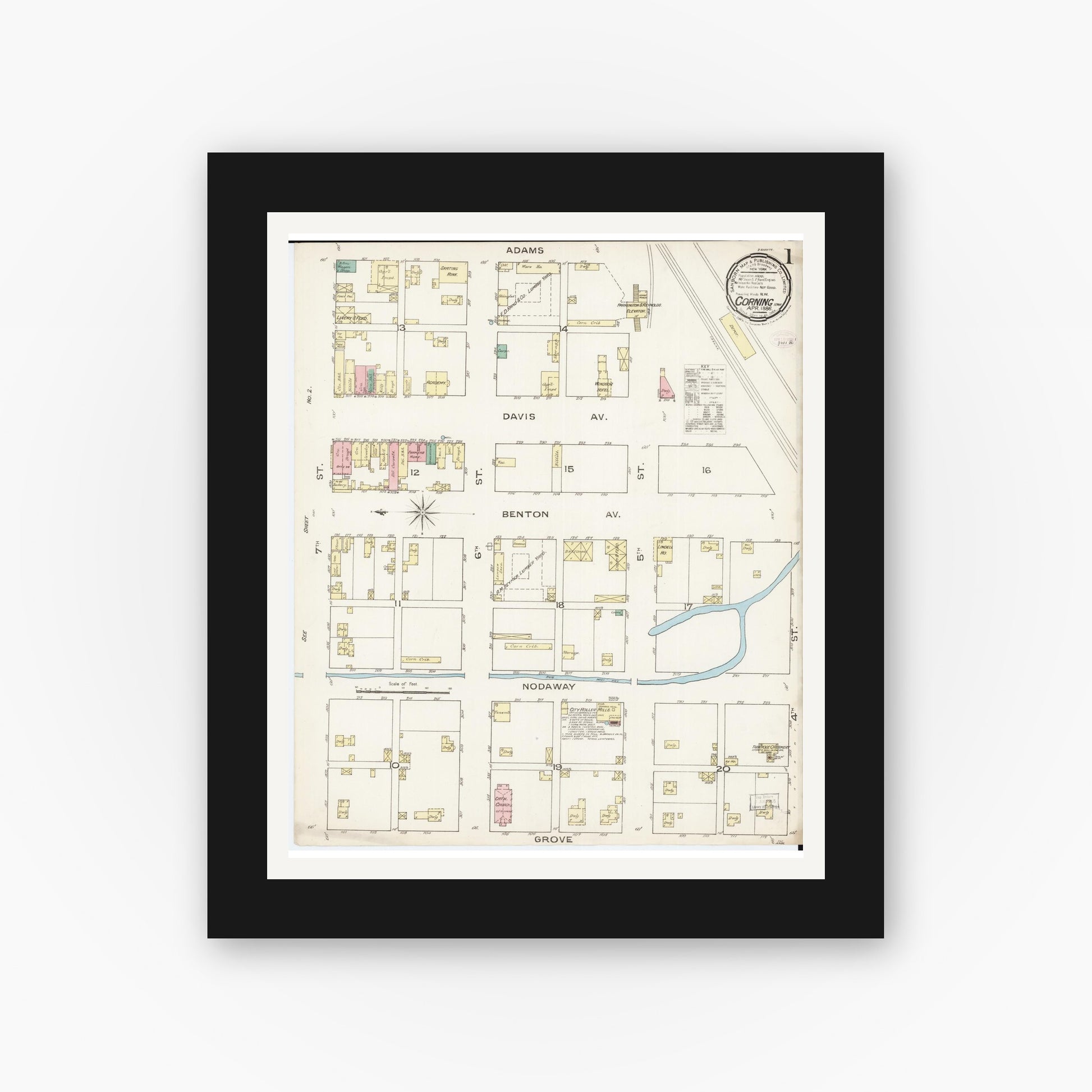 Old map wall art mockup — black gallery frame with white mat — Sanborn Fire Insurance Map from Corning, Adams County, Iowa (1886) â€” Complete Set