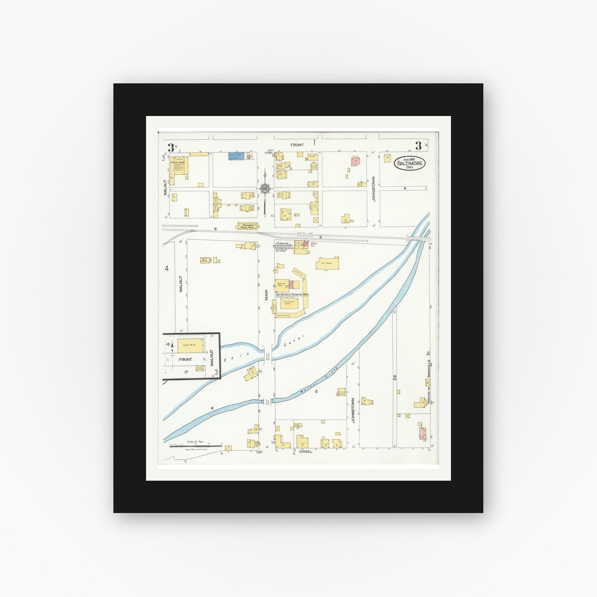 Old map wall art mockup — black gallery frame with white mat — Sanborn Fire Insurance Map from Baltimore, Fairfield County, Ohio (1926), Sheet #0003