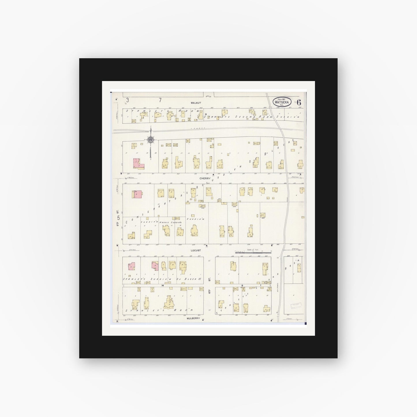 Old map wall art mockup — black gallery frame with white mat — Sanborn Fire Insurance Map from Watseka, Iroquois County, Illinois (1911), Sheet #0006