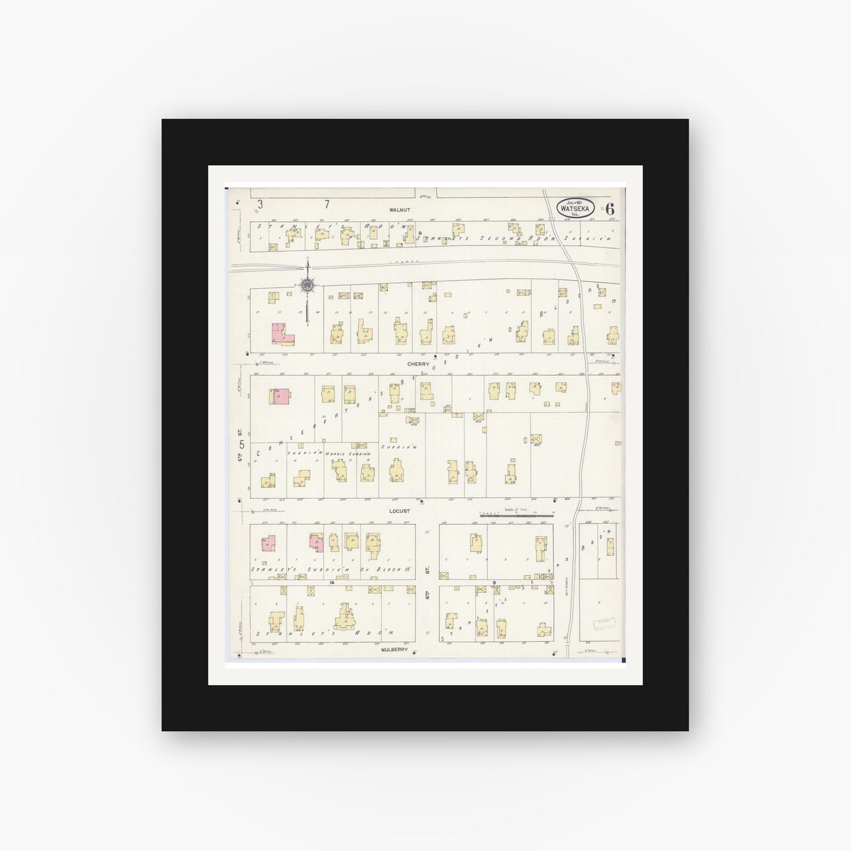 Old map wall art mockup — black gallery frame with white mat — Sanborn Fire Insurance Map from Watseka, Iroquois County, Illinois (1911), Sheet #0006