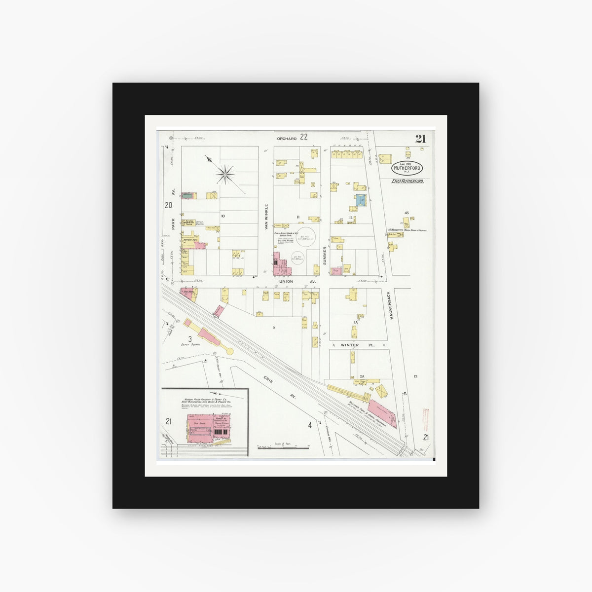 Old map wall art mockup — black gallery frame with white mat — Sanborn Fire Insurance Map from Rutherford, Bergen County, New Jersey (1909), Sheet #0021