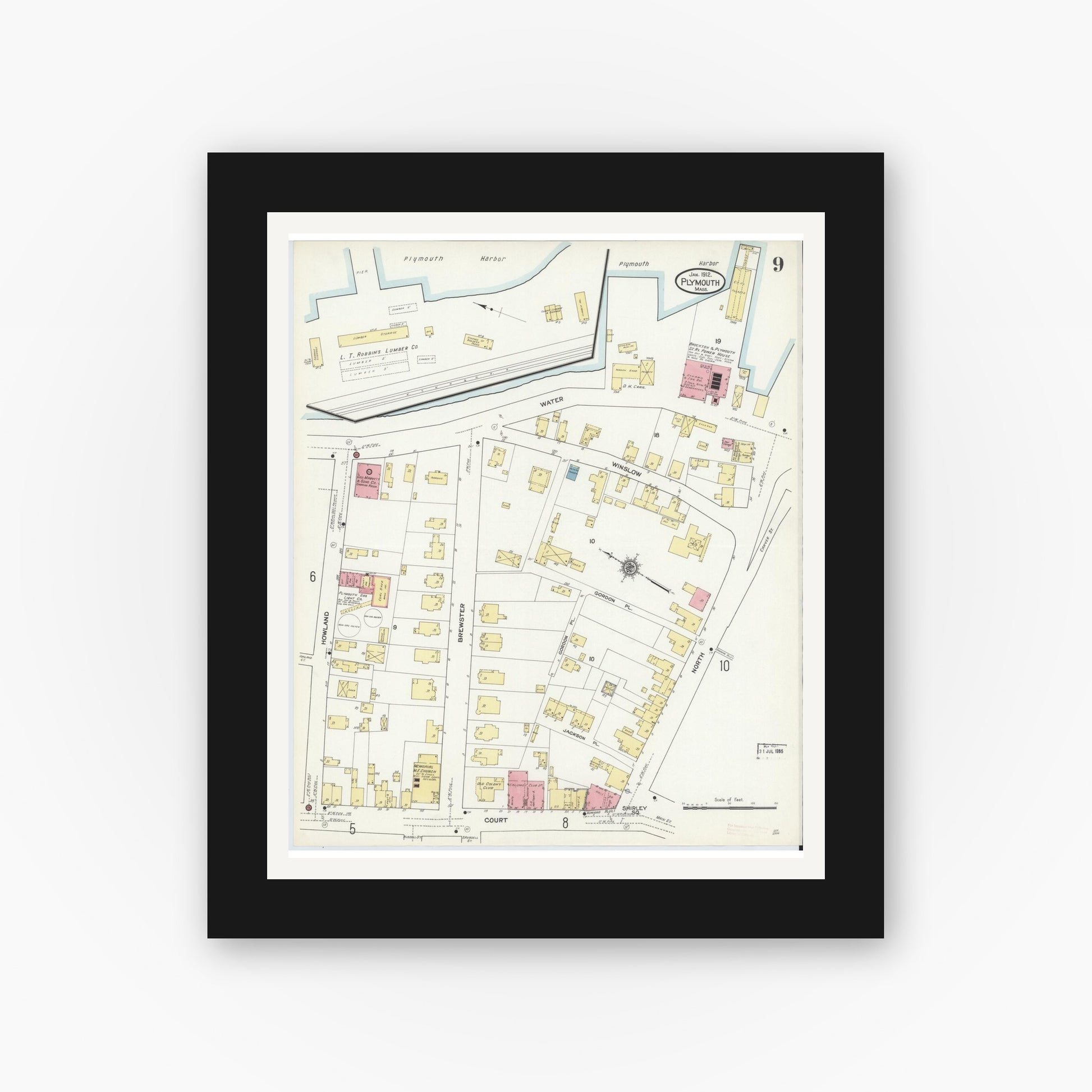 Old map wall art mockup — black gallery frame with white mat — Sanborn Fire Insurance Map from Plymouth, Plymouth County, Massachusetts (1912), Sheet #0009