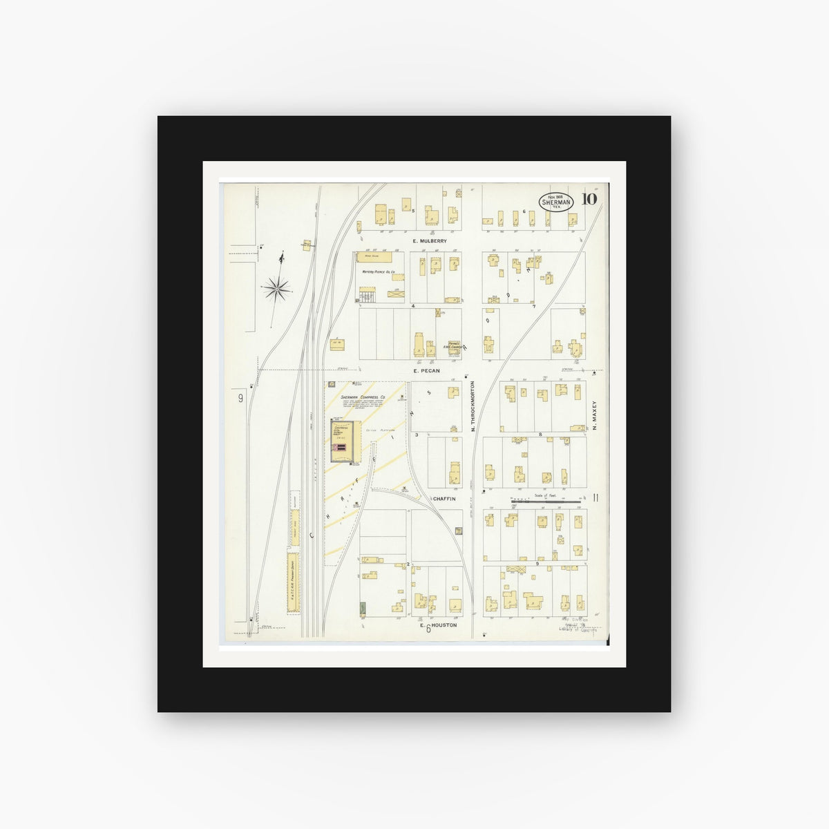 Old map wall art mockup — black gallery frame with white mat — Sanborn Fire Insurance Map from Sherman, Grayson County, Texas (1908), Sheet #0010