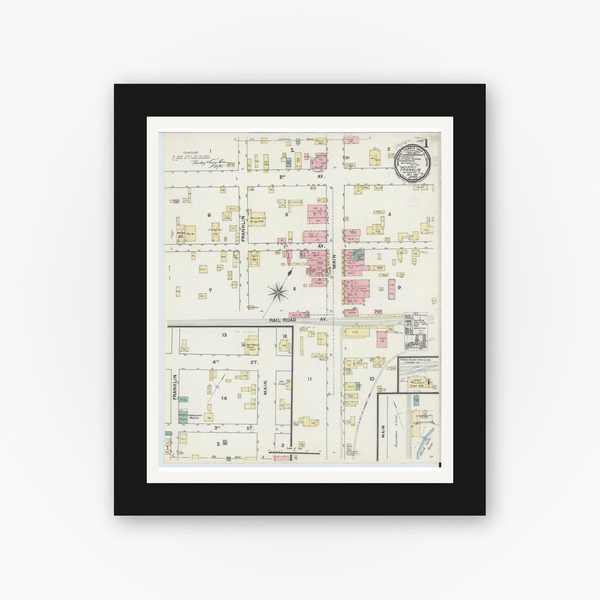 Old map wall art mockup — black gallery frame with white mat — Sanborn Fire Insurance Map from Franklin, Independent Cities, Virginia (1891) - Complete Map Set
