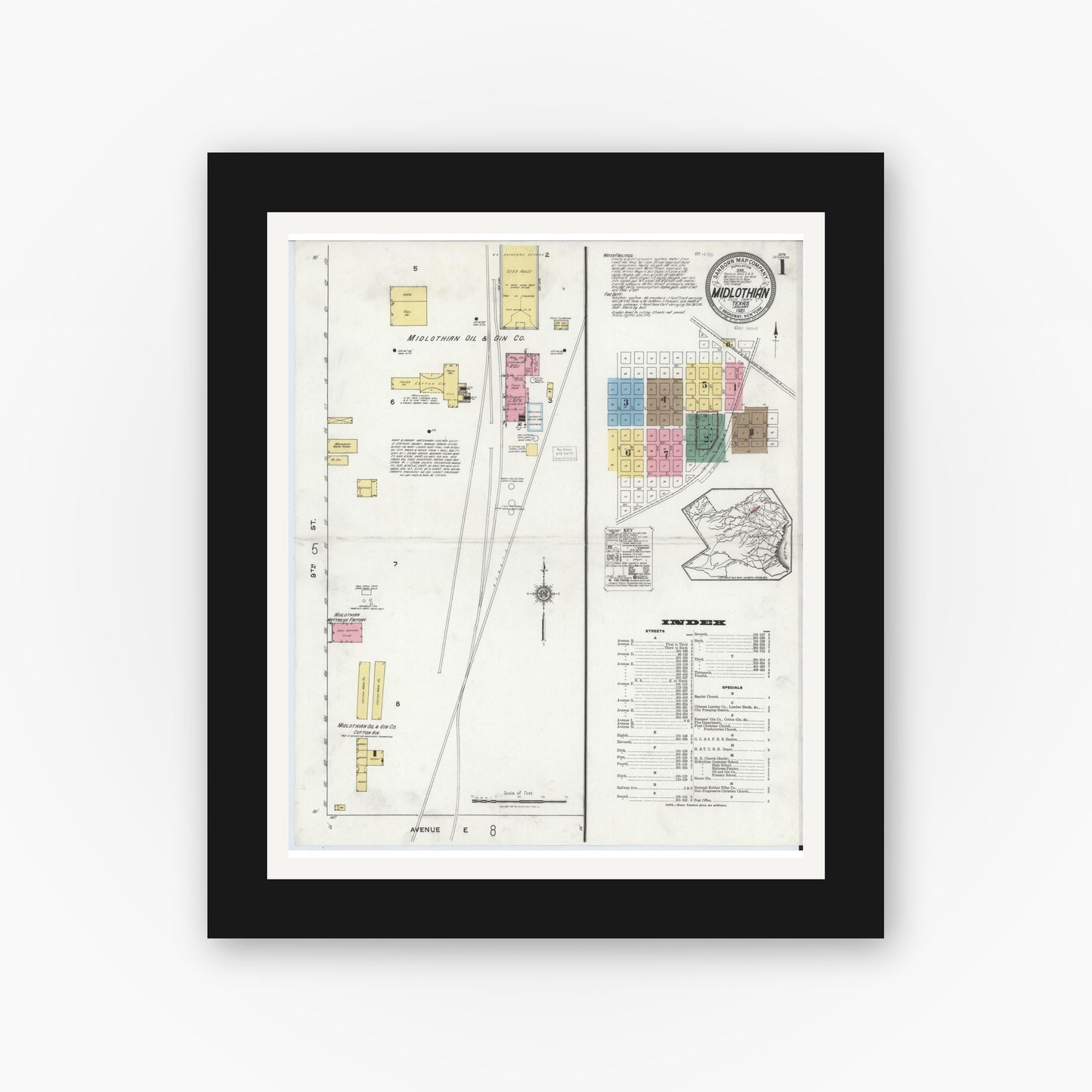 Old map wall art mockup — black gallery frame with white mat — Sanborn Fire Insurance Map from Midlothian, Ellis County, Texas (1921), Sheet #0001