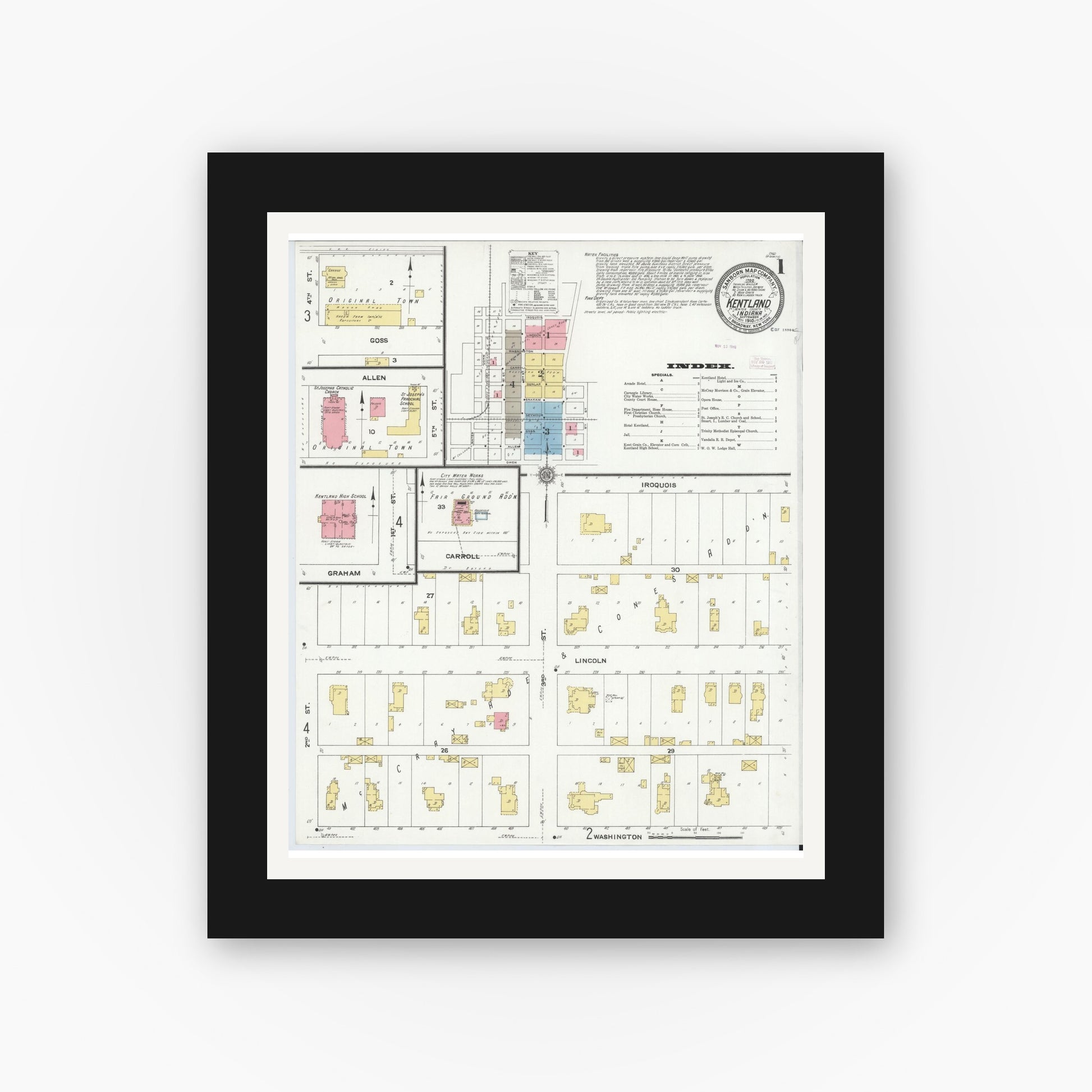 Old map wall art mockup — black gallery frame with white mat — Sanborn Fire Insurance Map from Kentland, Newton County, Indiana (1910) - Complete Map Set