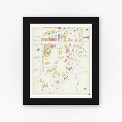 Old map wall art mockup — black gallery frame with white mat — Sanborn Fire Insurance Map from Chicopee, Hampden County, Massachusetts (1902), Sheet #0014